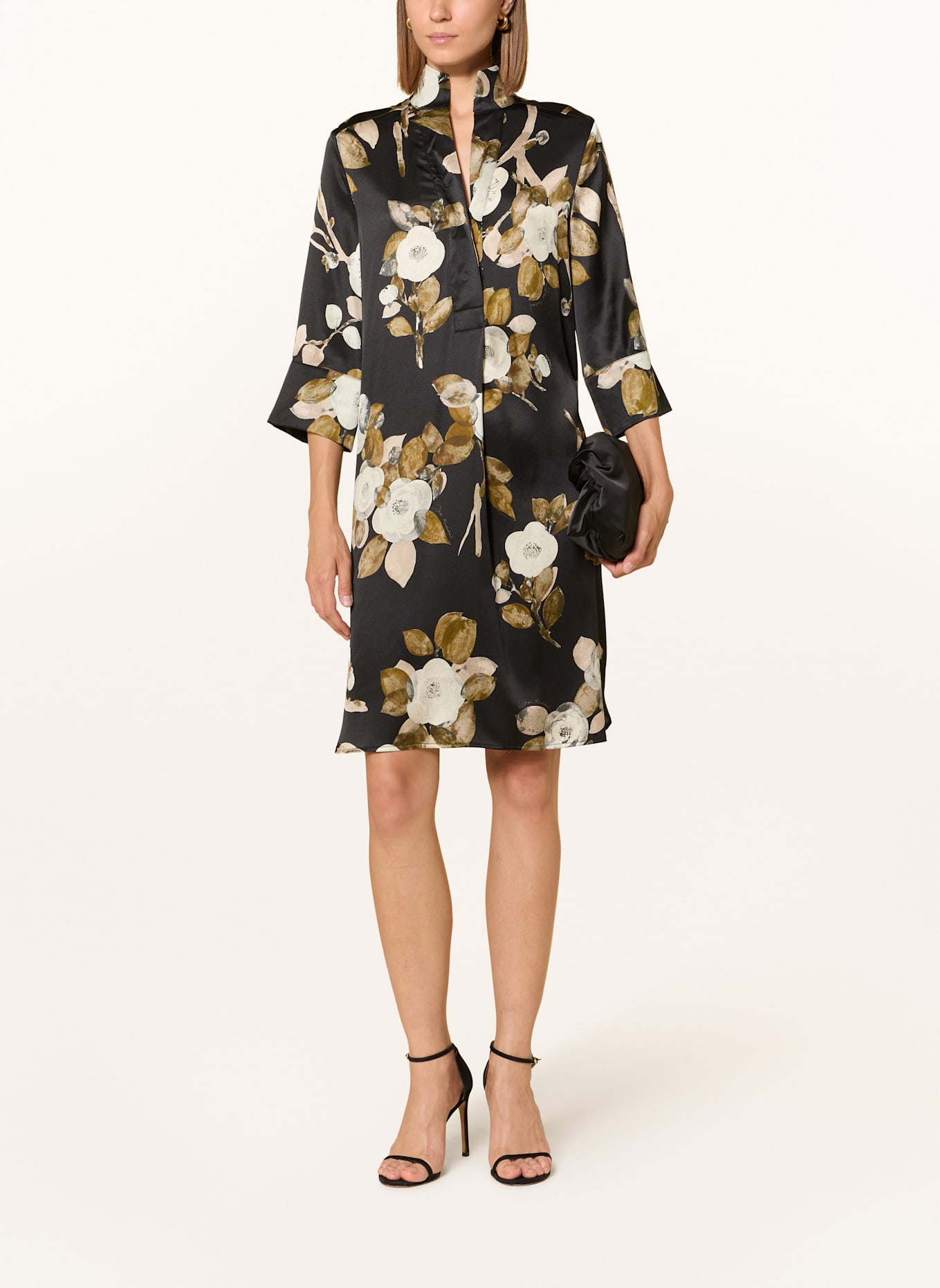 dea kudibal Seidenkleid aus Satin mit 3/4-Arm: SCHWARZ / HELLGRAU / OLIV