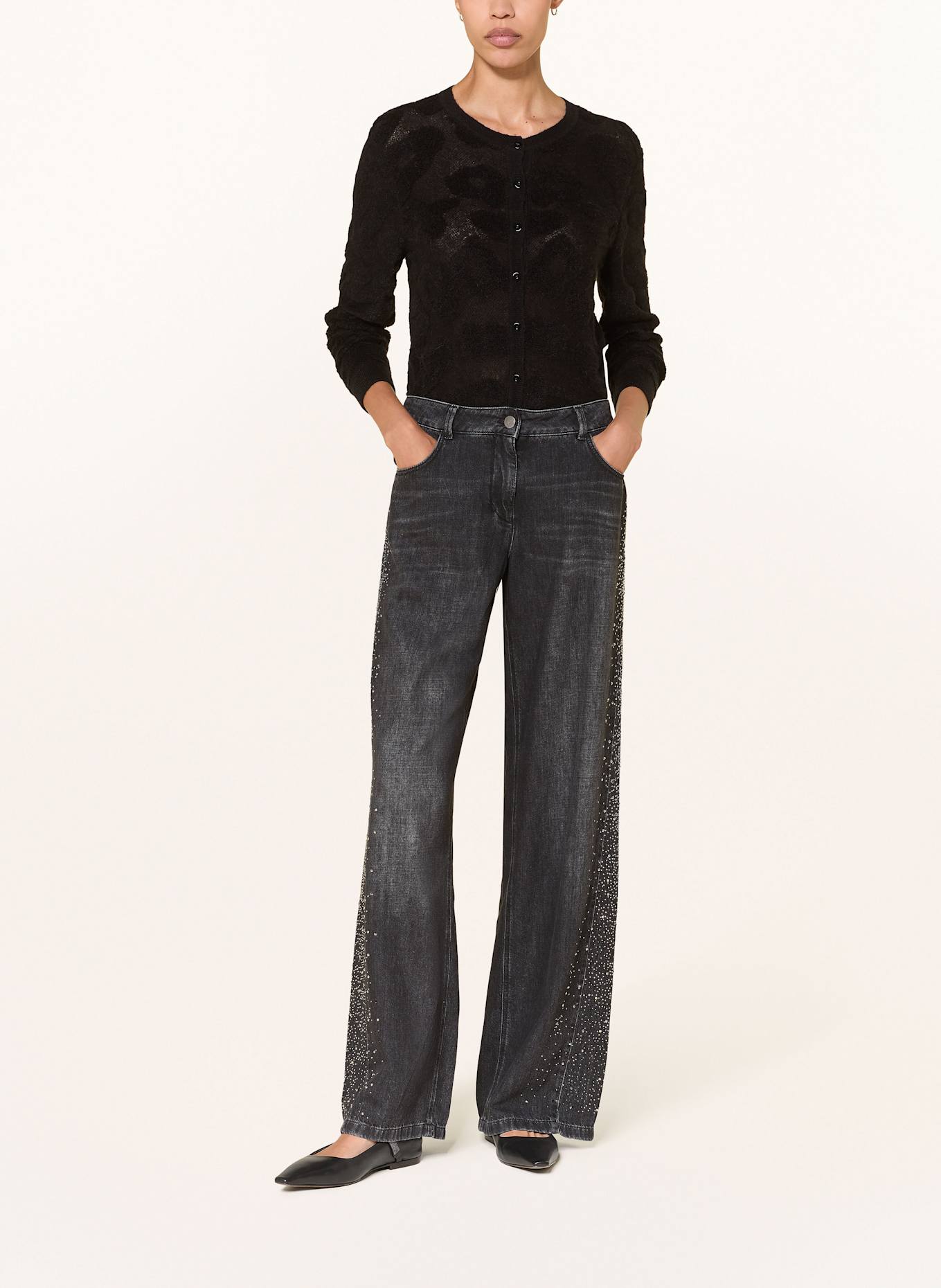 LUISA CERANO Wide leg jeans with decorative gems: 1 BLACK