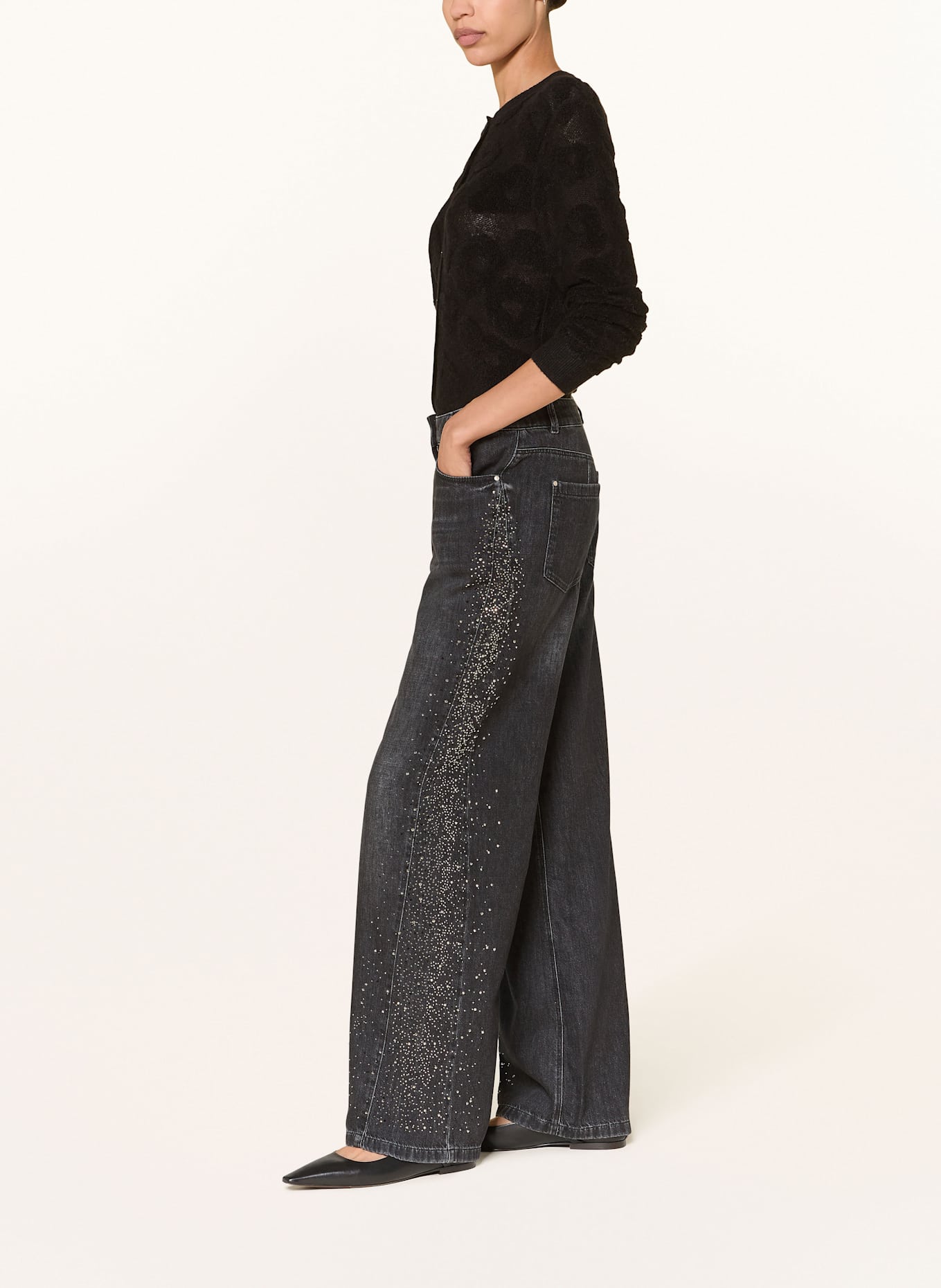 LUISA CERANO Wide leg jeans with decorative gems: 1 BLACK
