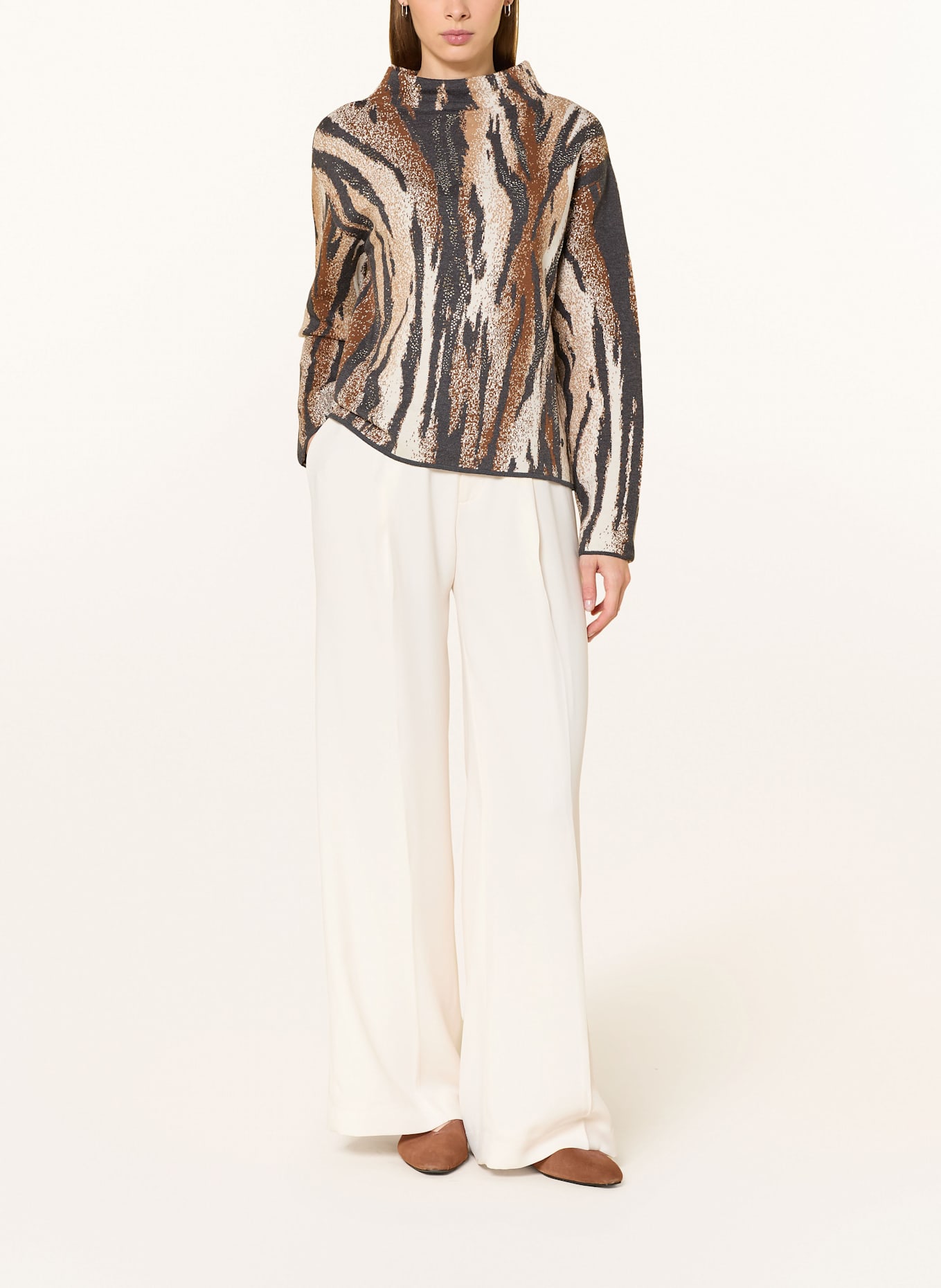 monari Pullover mit Schmucksteinen: DUNKELGRAU / BRAUN / CREME