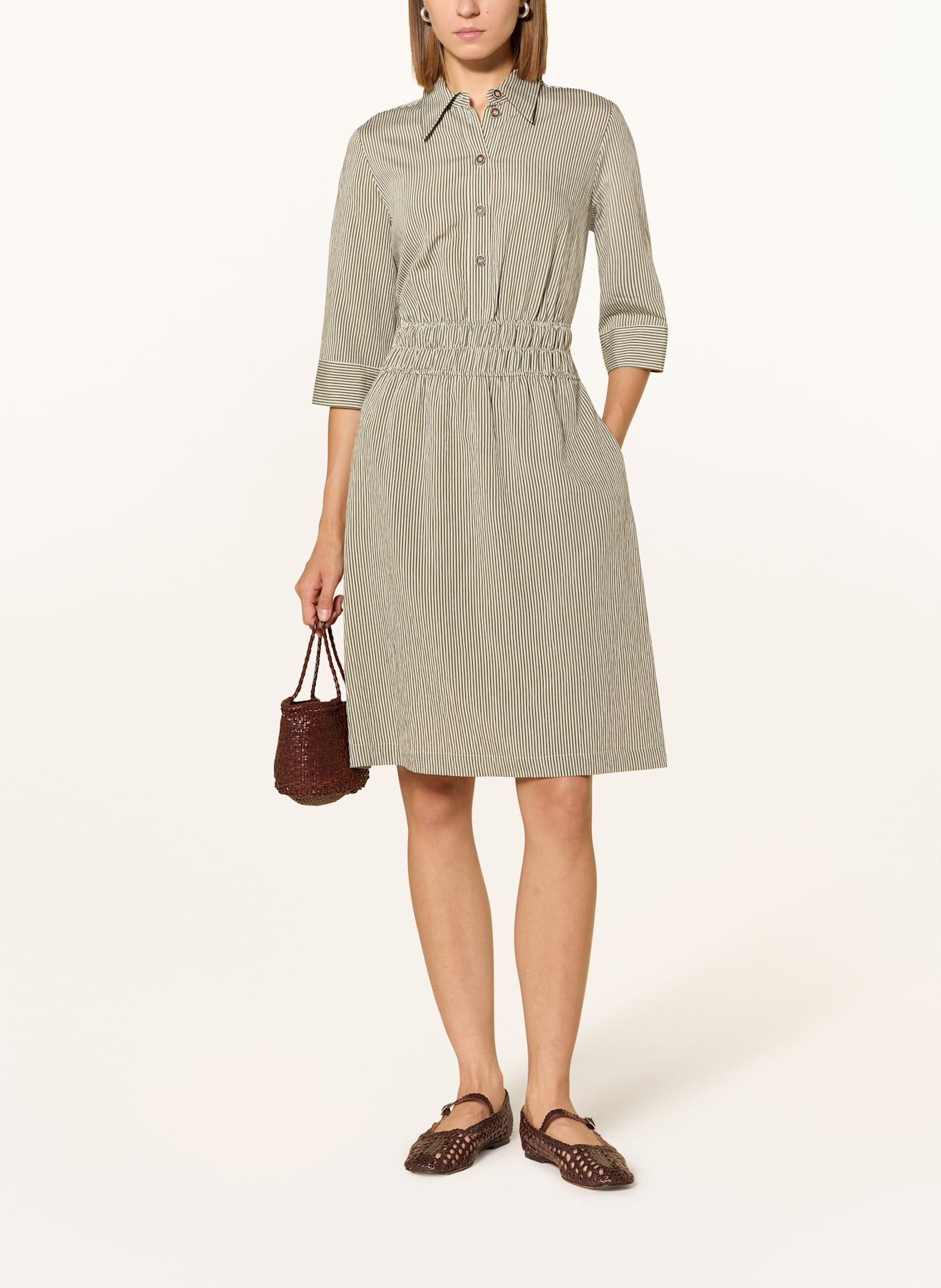 CINQUE CIENZIA dress with 3/4 sleeves: GREEN / CREAM