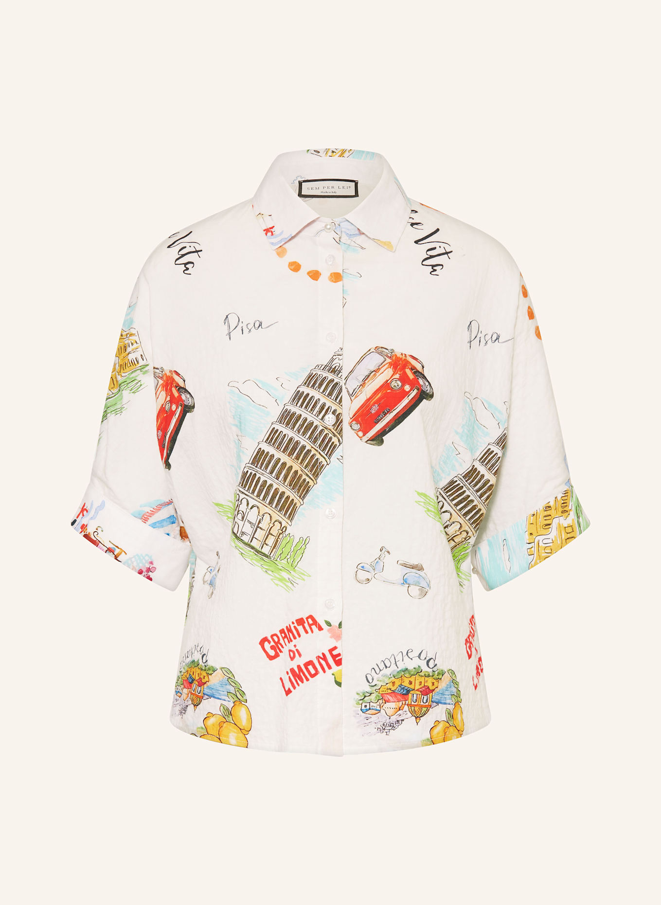 SEM PER LEI Hemdbluse mit 3/4-Arm: WEISS / TÜRKIS / HELLROSA