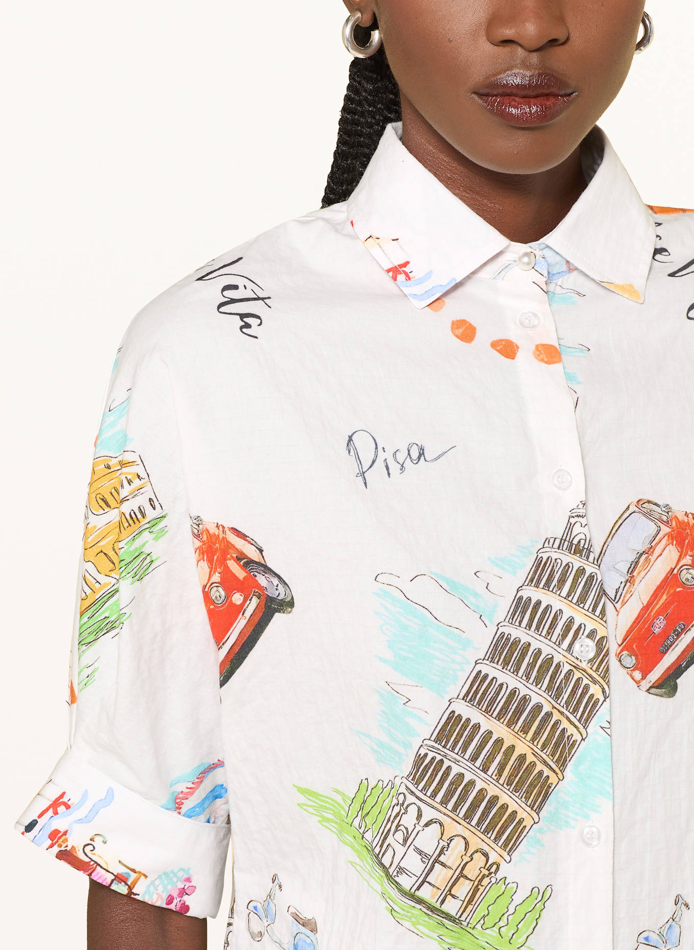 SEM PER LEI Hemdbluse mit 3/4-Arm: WEISS / TÜRKIS / HELLROSA