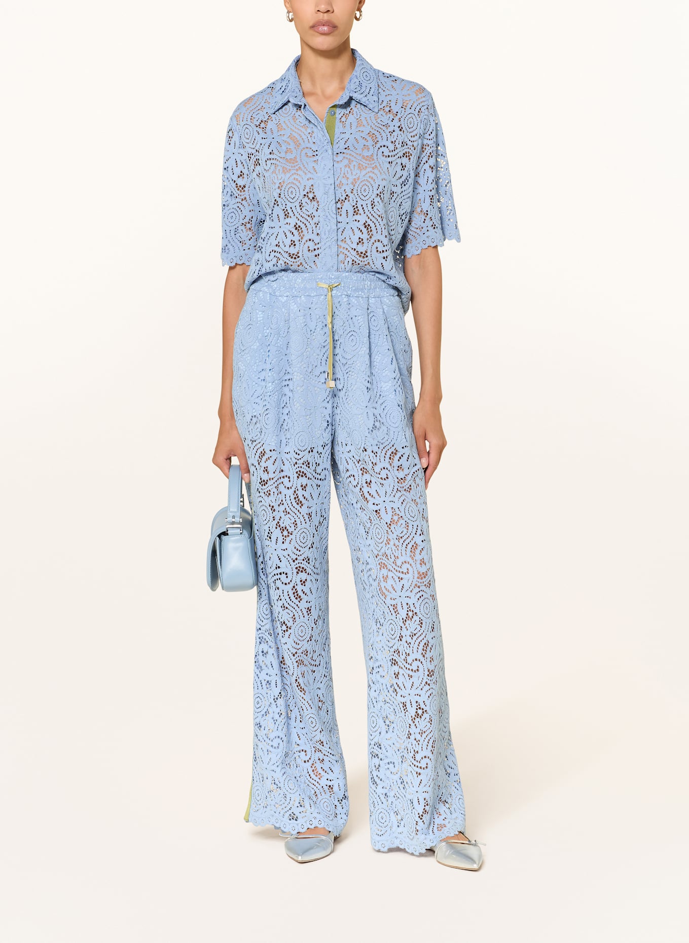 SEM PER LEI Wide leg trousers with broderie anglaise tuxedo stripes: LIGHT BLUE