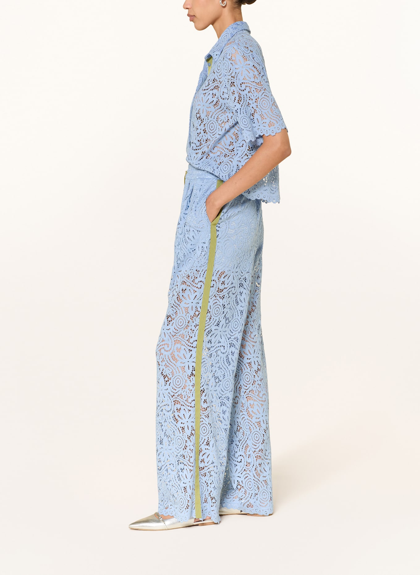 SEM PER LEI Wide leg trousers with broderie anglaise tuxedo stripes: LIGHT BLUE