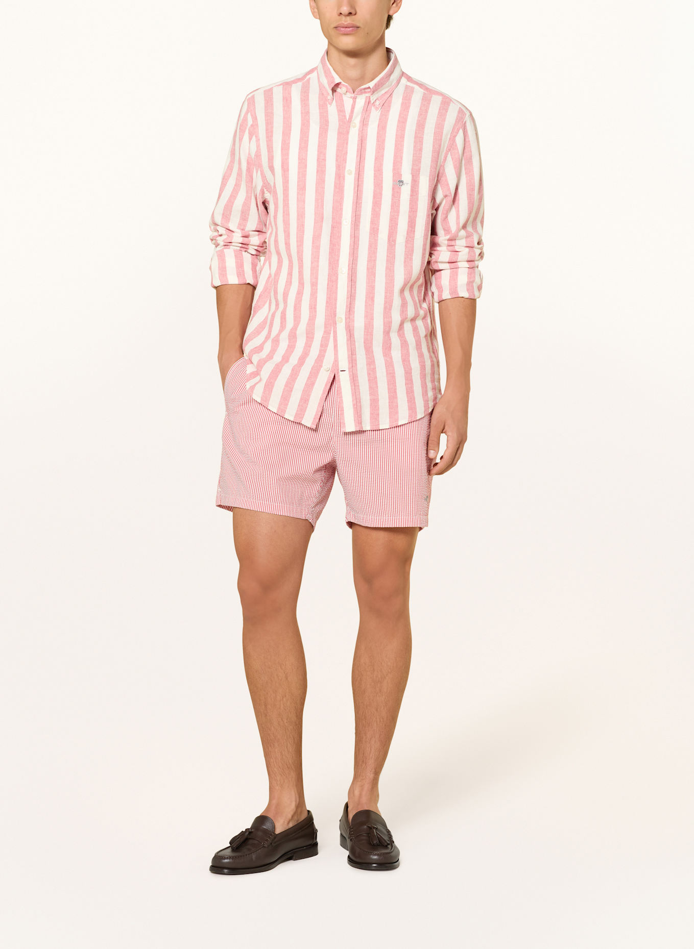 GANT Košile Regular Fit s příměsí lnu: SVĚTLE ČERVENÁ / BÍLÁ