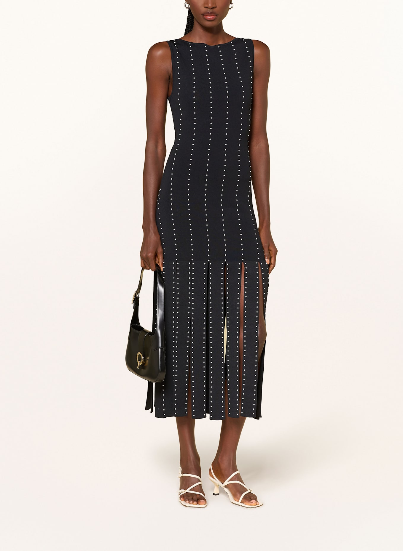 SANDRO Piqué-Kleid aus Jersey mit Schmucksteinen: SCHWARZ / WEISS