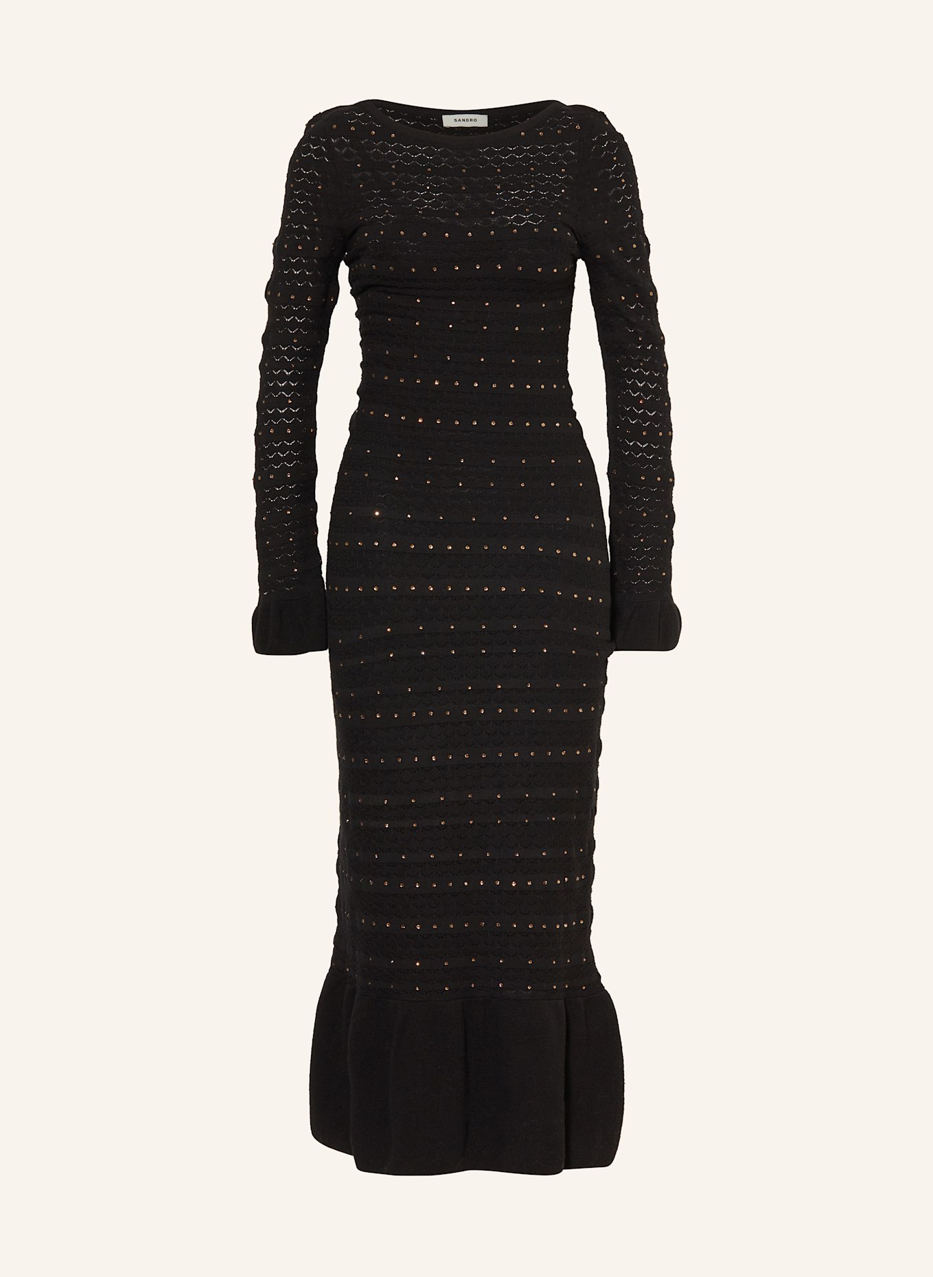 SANDRO Strickkleid mit Schmucksteinen und Volants: SCHWARZ