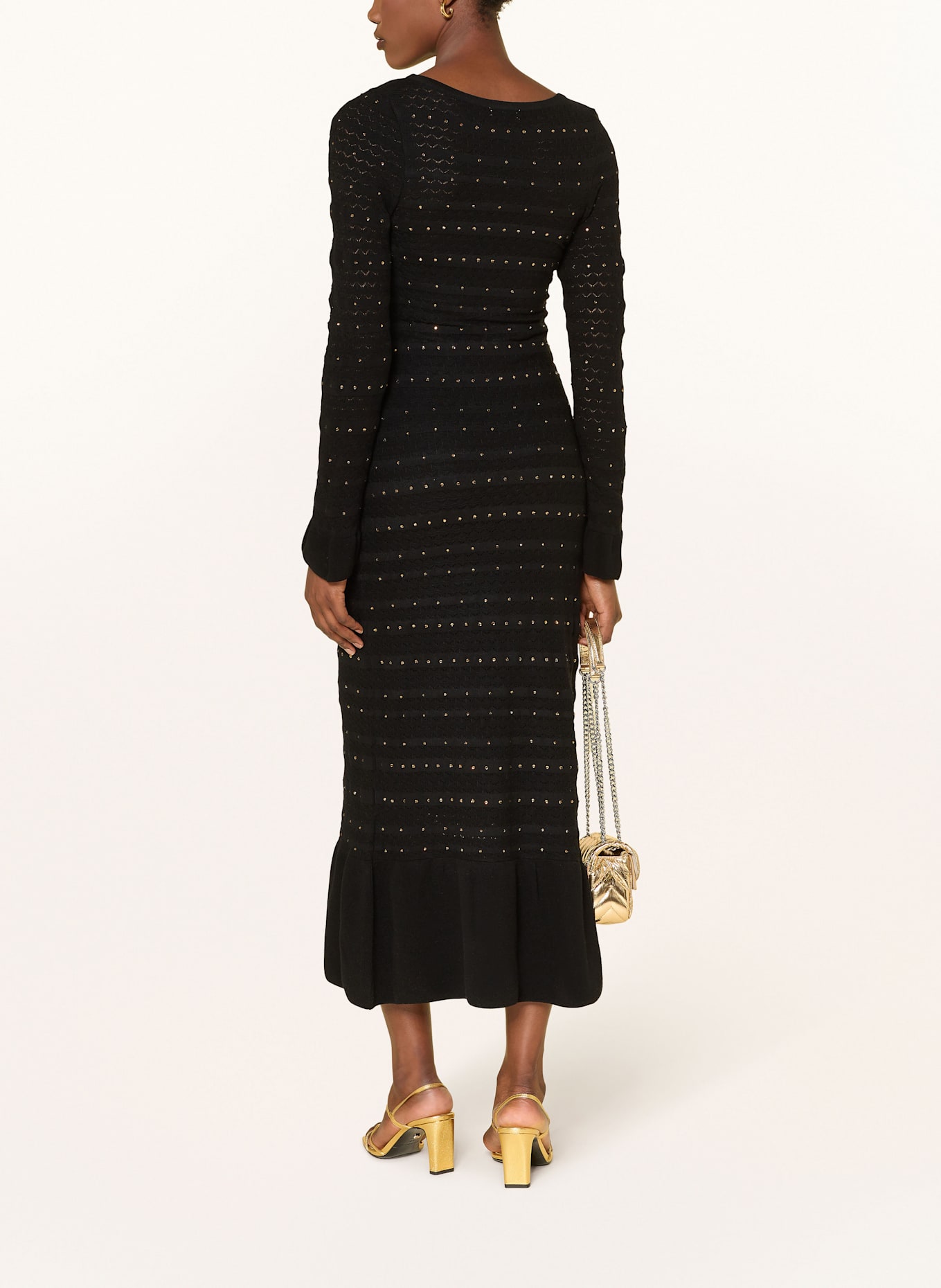 SANDRO Strickkleid mit Schmucksteinen und Volants: SCHWARZ