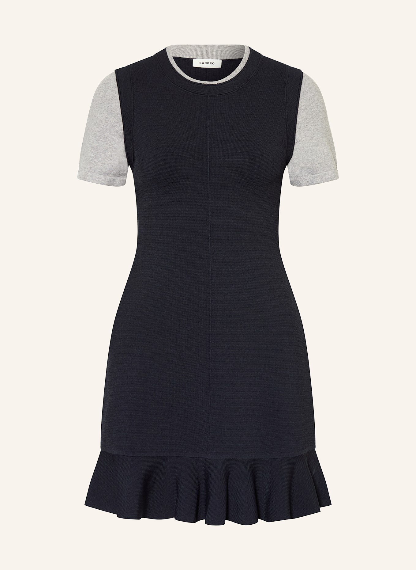 SANDRO Strickkleid mit Volants: DUNKELBLAU / GRAU