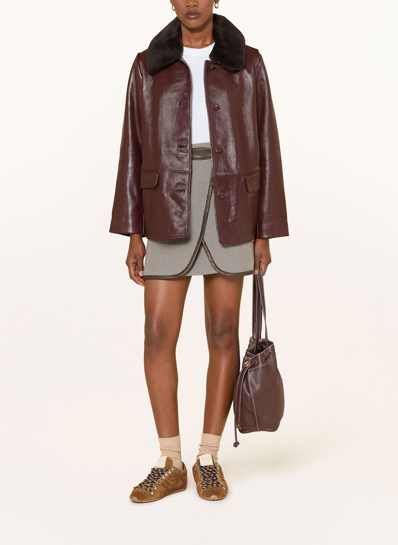 CLAUDIE PIERLOT Lederjacke mit Kunstfell: DUNKELROT