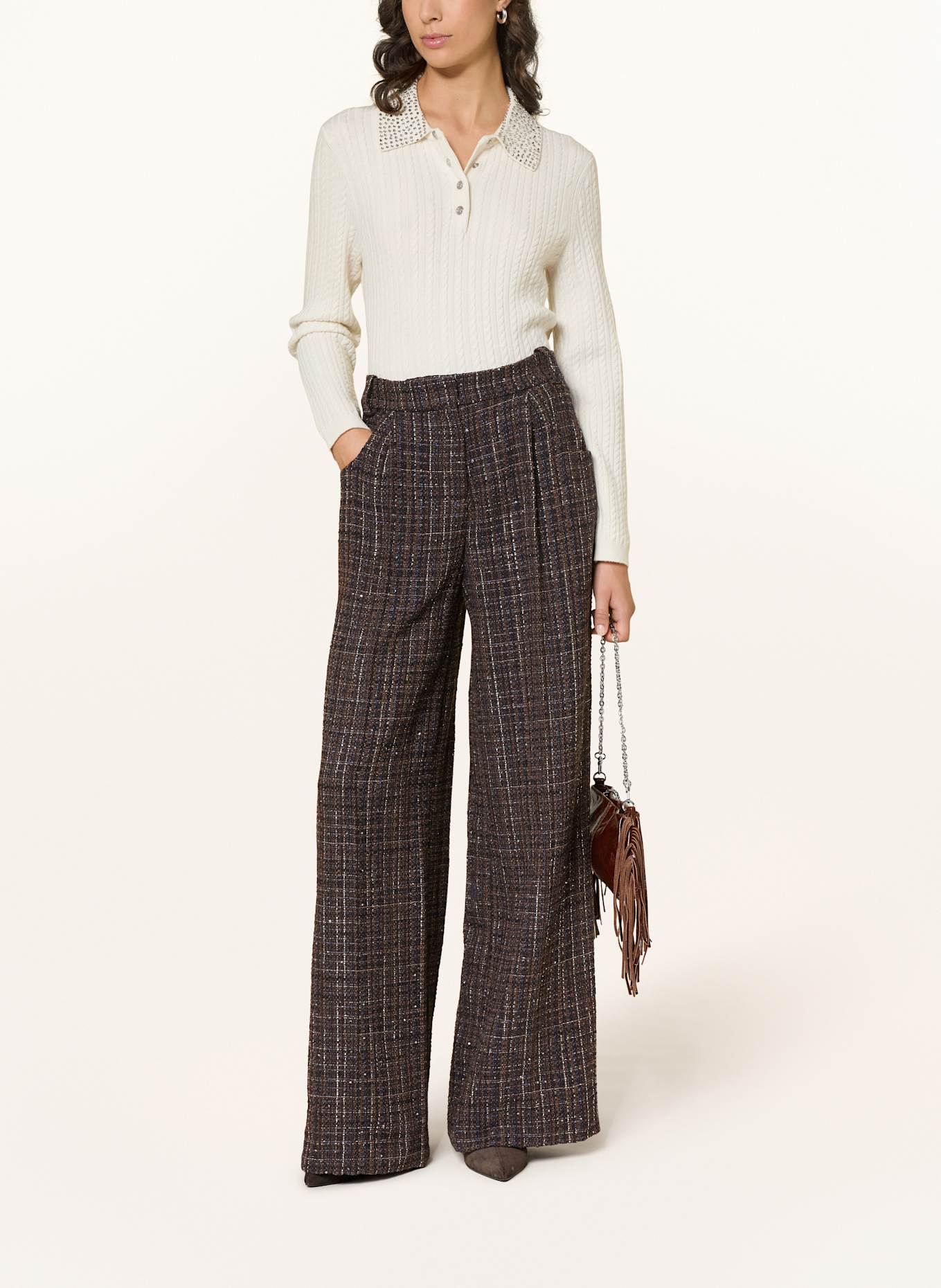 maje Marlenehose aus Bouclé mit Glitzergarn und Pailletten: BRAUN / BLAU / SILBER