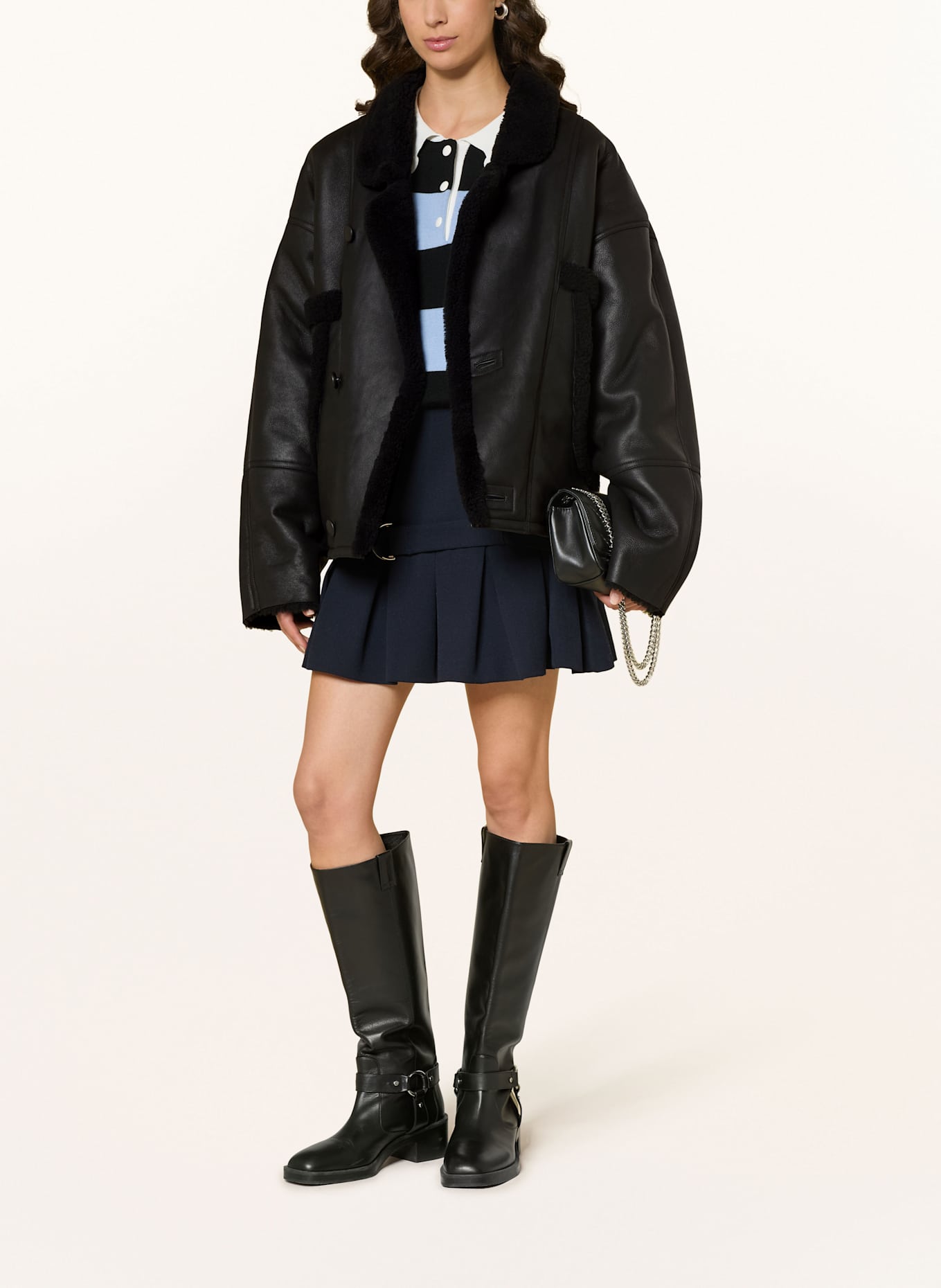 SANDRO Lederjacke mit Schaffell: SCHWARZ