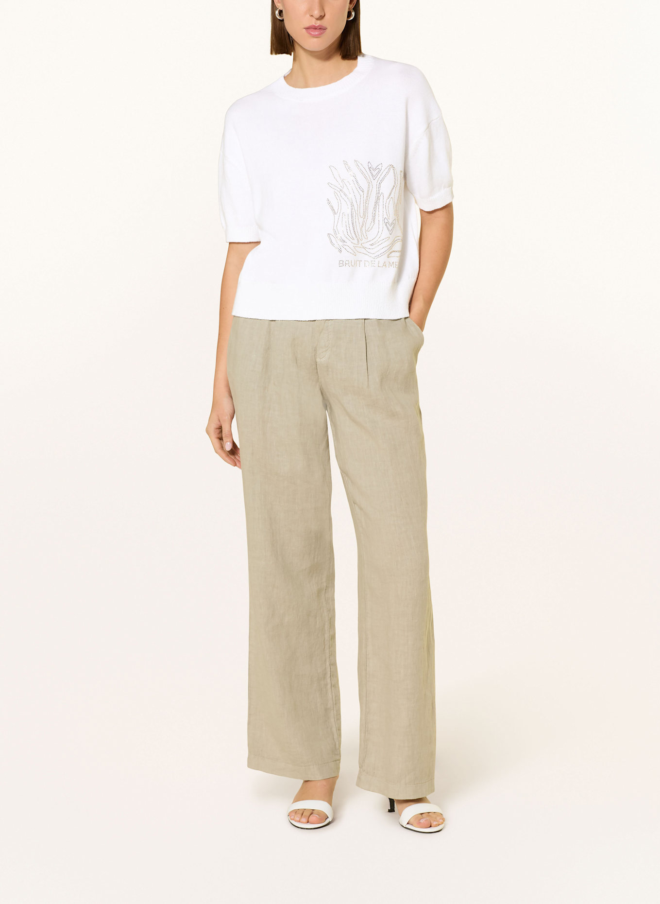 MARC AUREL Pull en maille avec pierres décoratives: BLANC / VERT CLAIR / GRIS