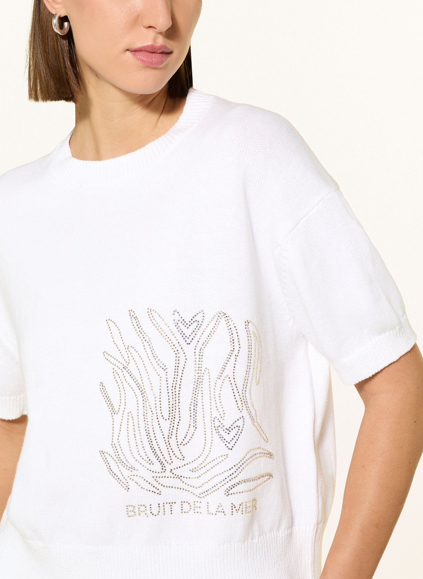 MARC AUREL Pull en maille avec pierres décoratives: BLANC / VERT CLAIR / GRIS