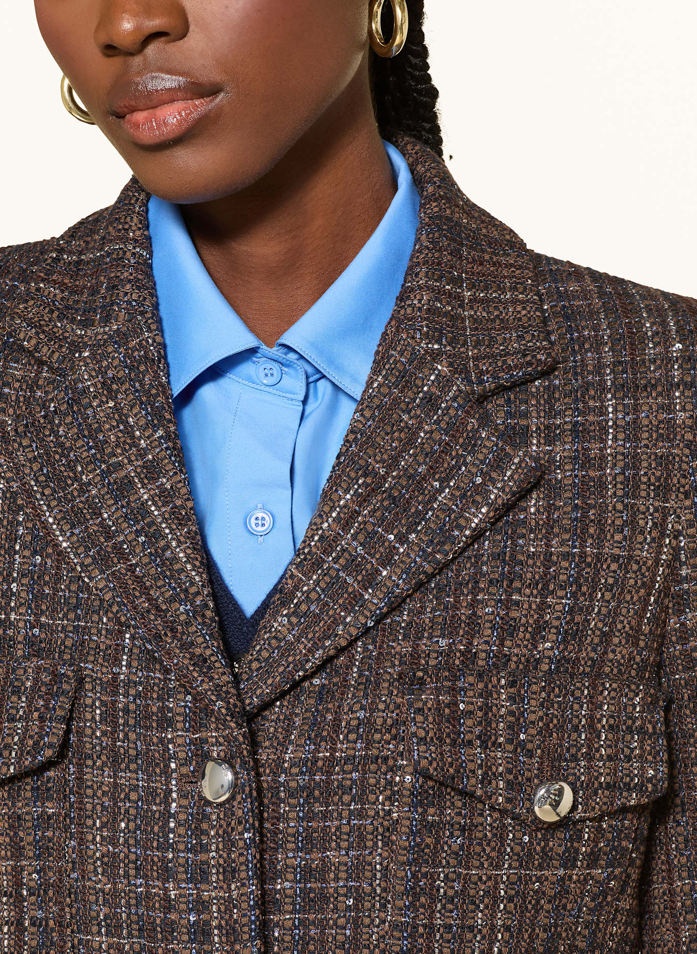 maje Kastenjacke mit Glitzergarn und Pailletten: BLAU / BRAUN / SILBER