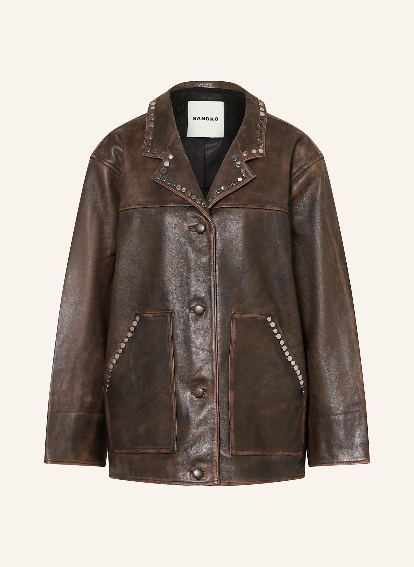SANDRO Lederjacke mit Nieten: DUNKELBRAUN