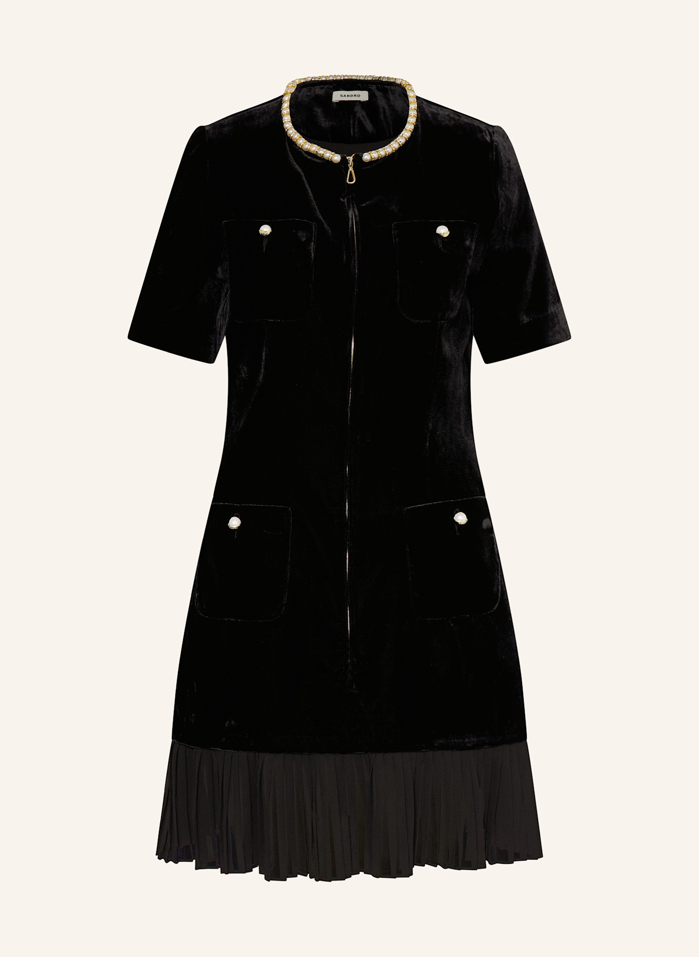 SANDRO Samtkleid mit Plissees und Schmucksteinen: SCHWARZ