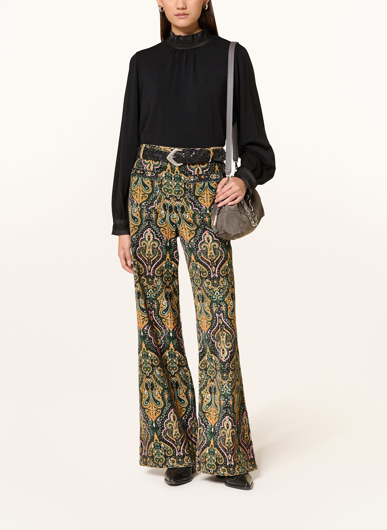 ba&sh Bootcut-Hose SWAE aus Samt: DUNKELGRÜN / DUNKELGELB / ROSA