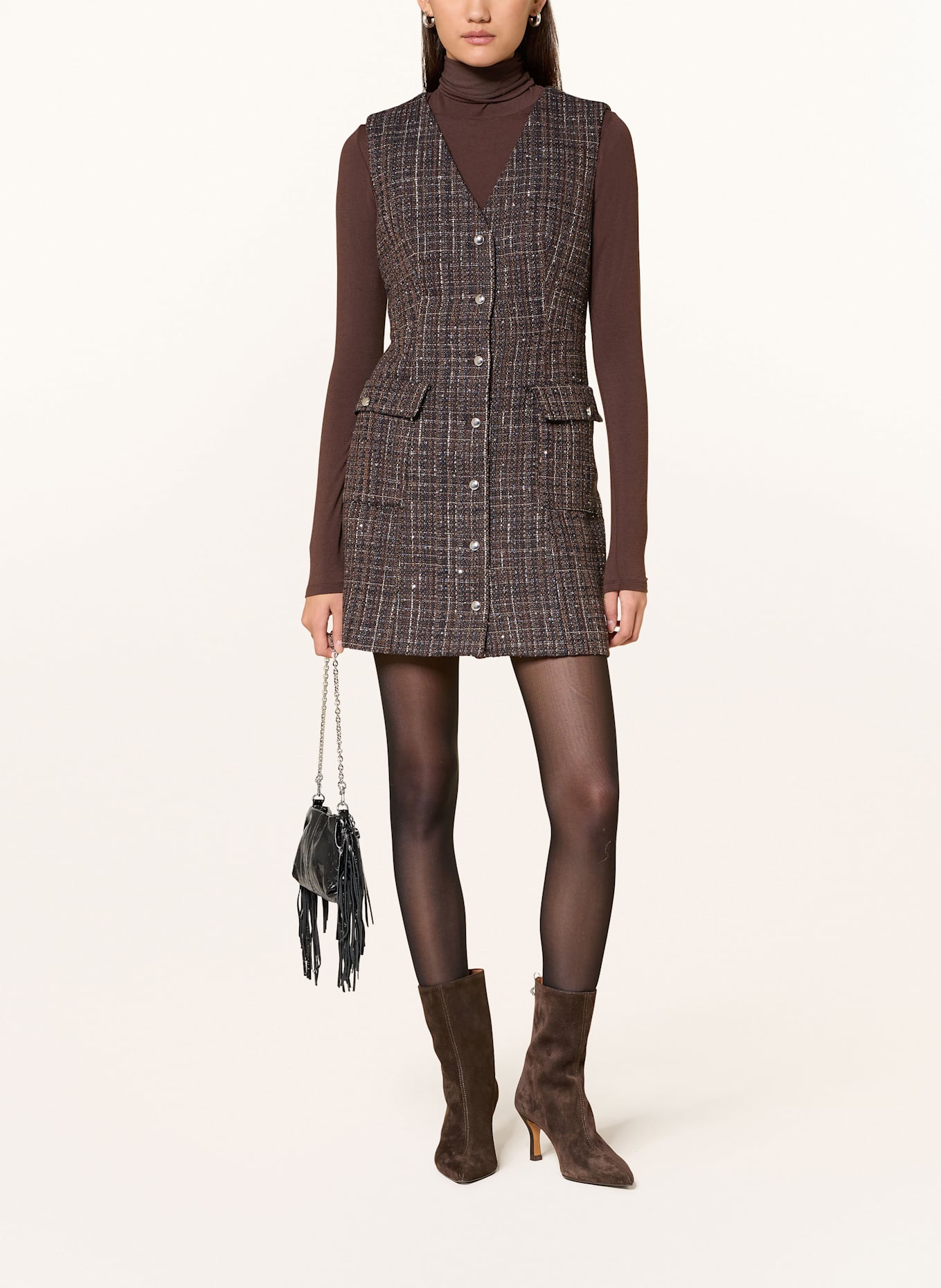 maje Etuikleid RIBOWNA aus Bouclé: HELLGRAU / BLAU / SILBER