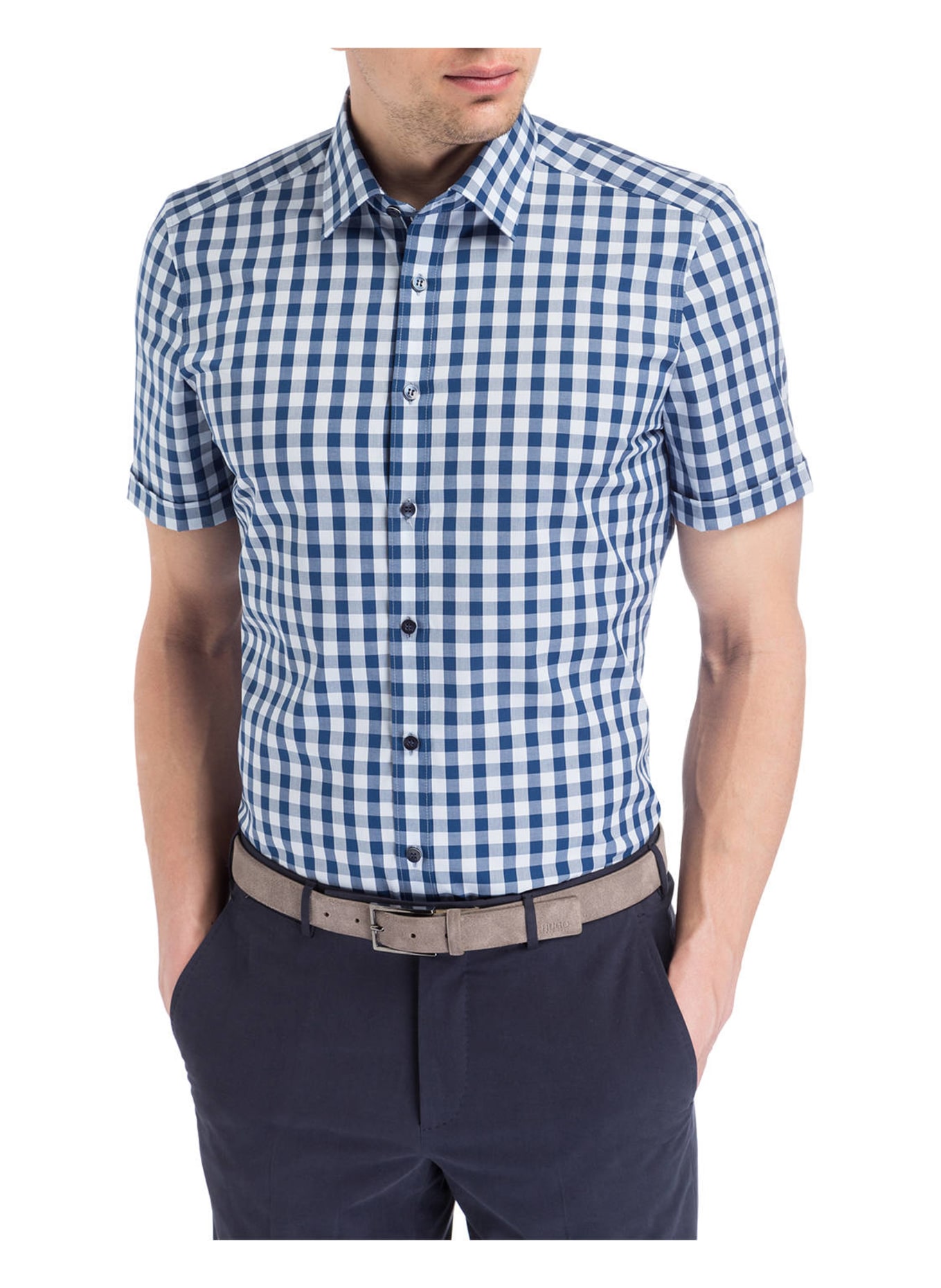 OLYMP Kurzarm-Hemd Level Five body fit: BLAU/ WEISS KARIERT