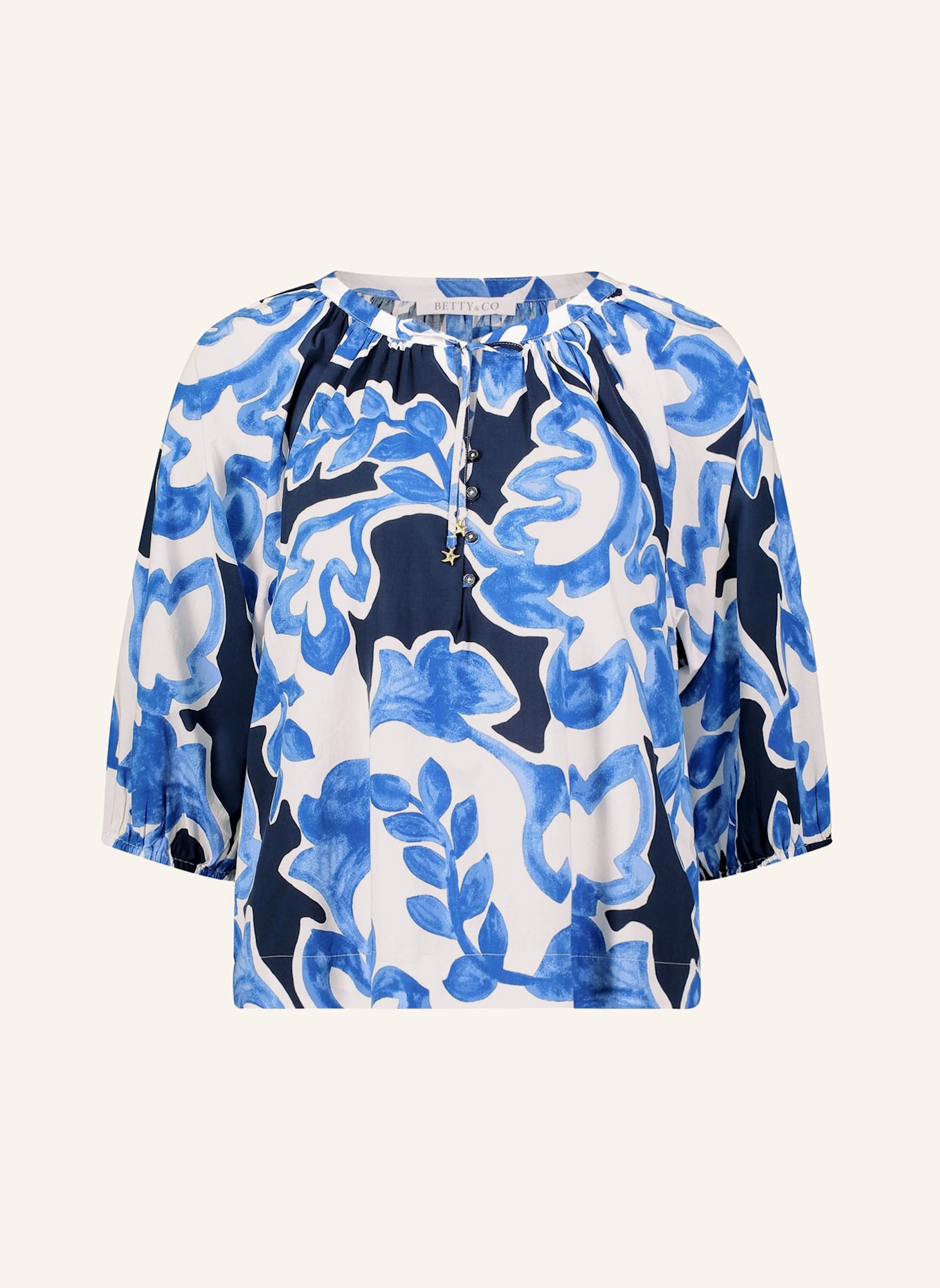 BETTY&CO Schlupfbluse mit Print: WEISS/ DUNKELBLAU