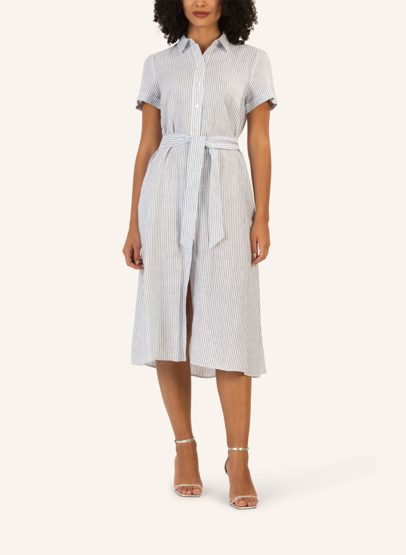 mint & mia Midi gestreiftes Leinen Kleid: HELLBLAU/ CREME