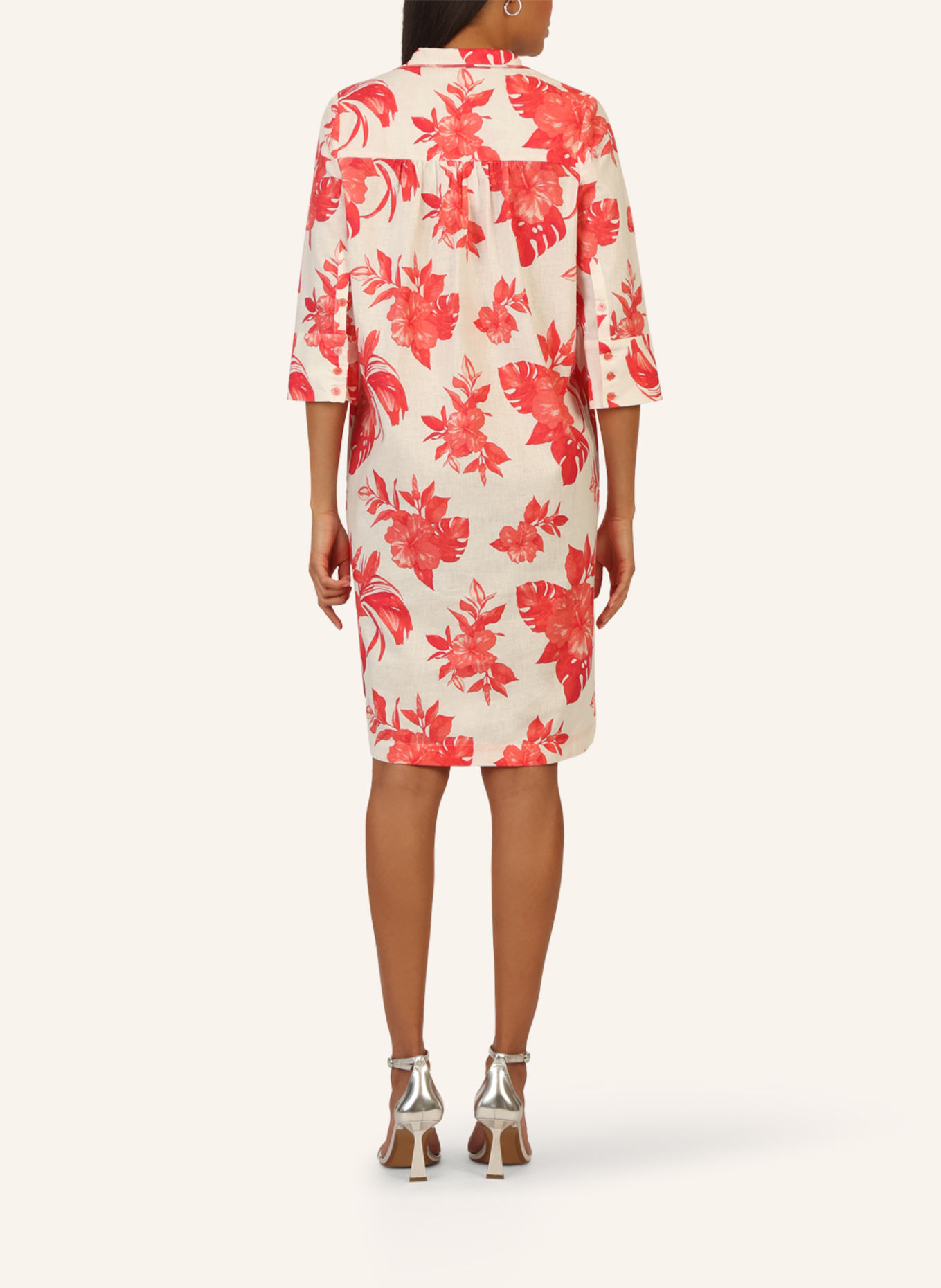 mint & mia Bedrucktes midi Leinen Kleid: CREME/ PINK