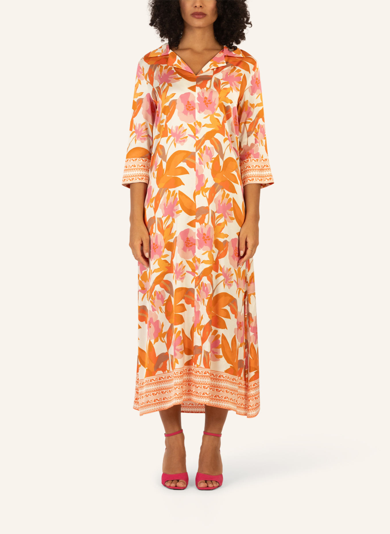 mint & mia Langes bedrucktes Viskose satin Kleid: ORANGE/ HELLROT/ DUNKELORANGE