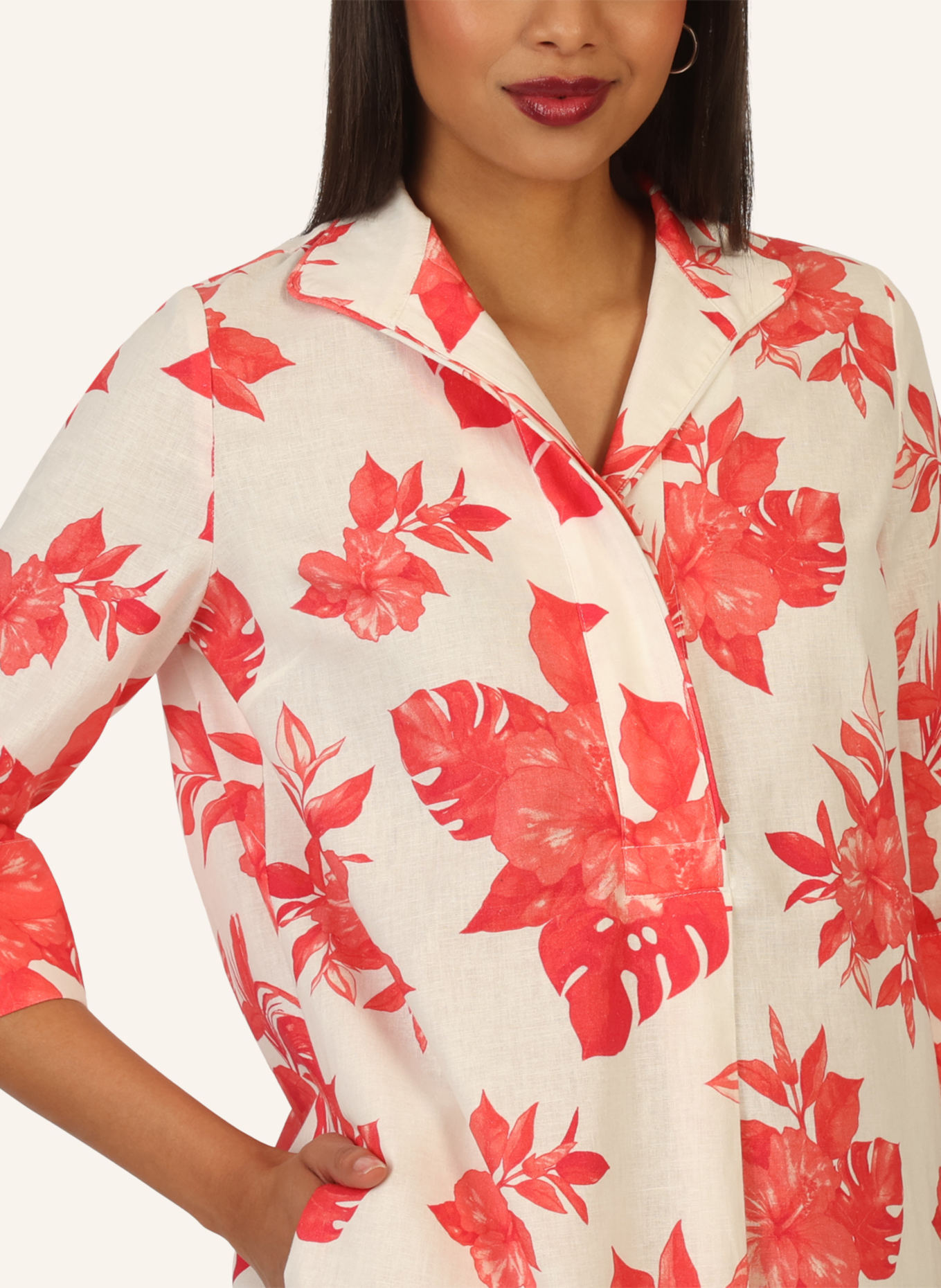 mint & mia Bedrucktes midi Leinen Kleid: CREME/ PINK