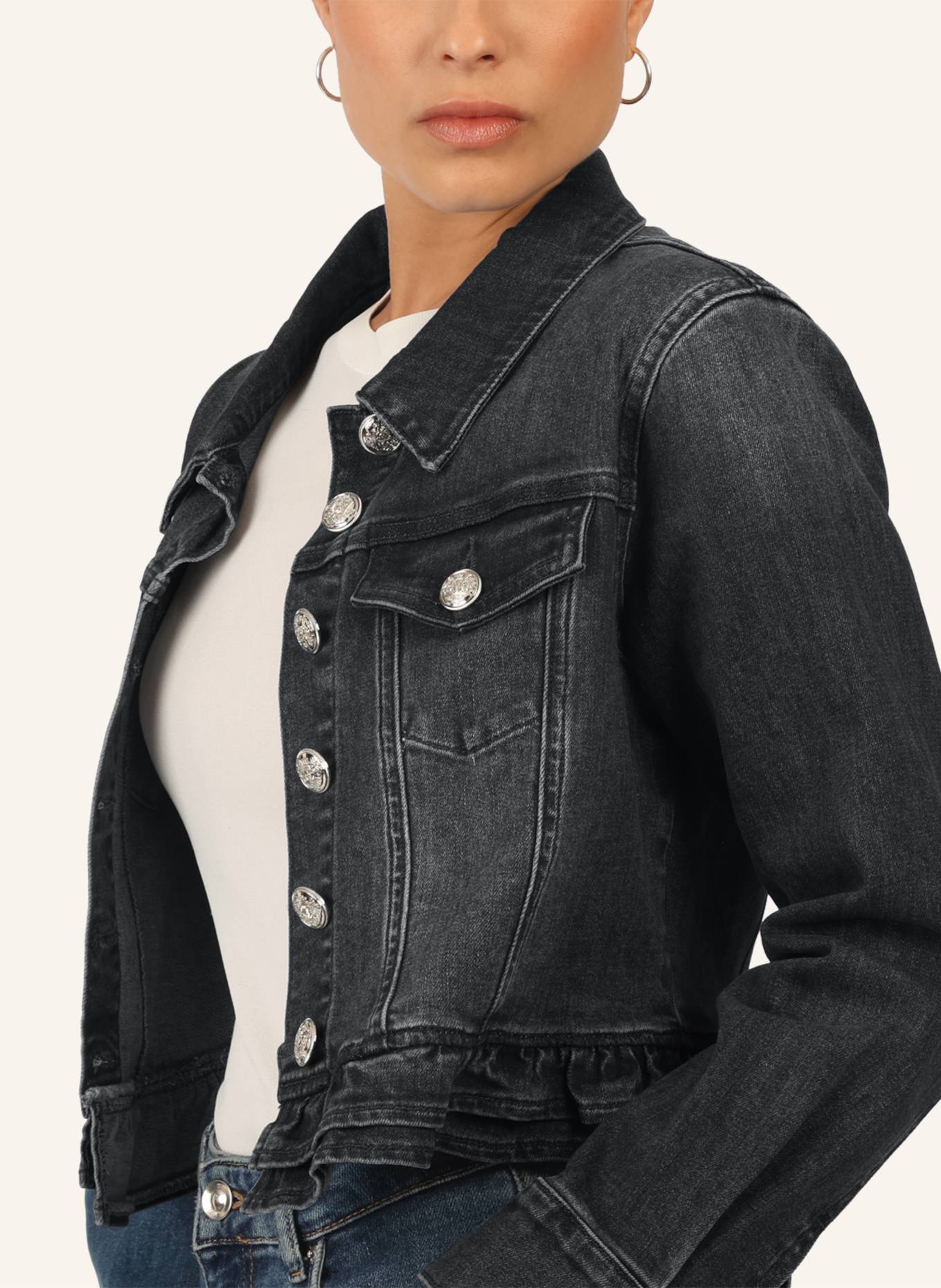 APART Jeansjacke mit Rüschen: SCHWARZ