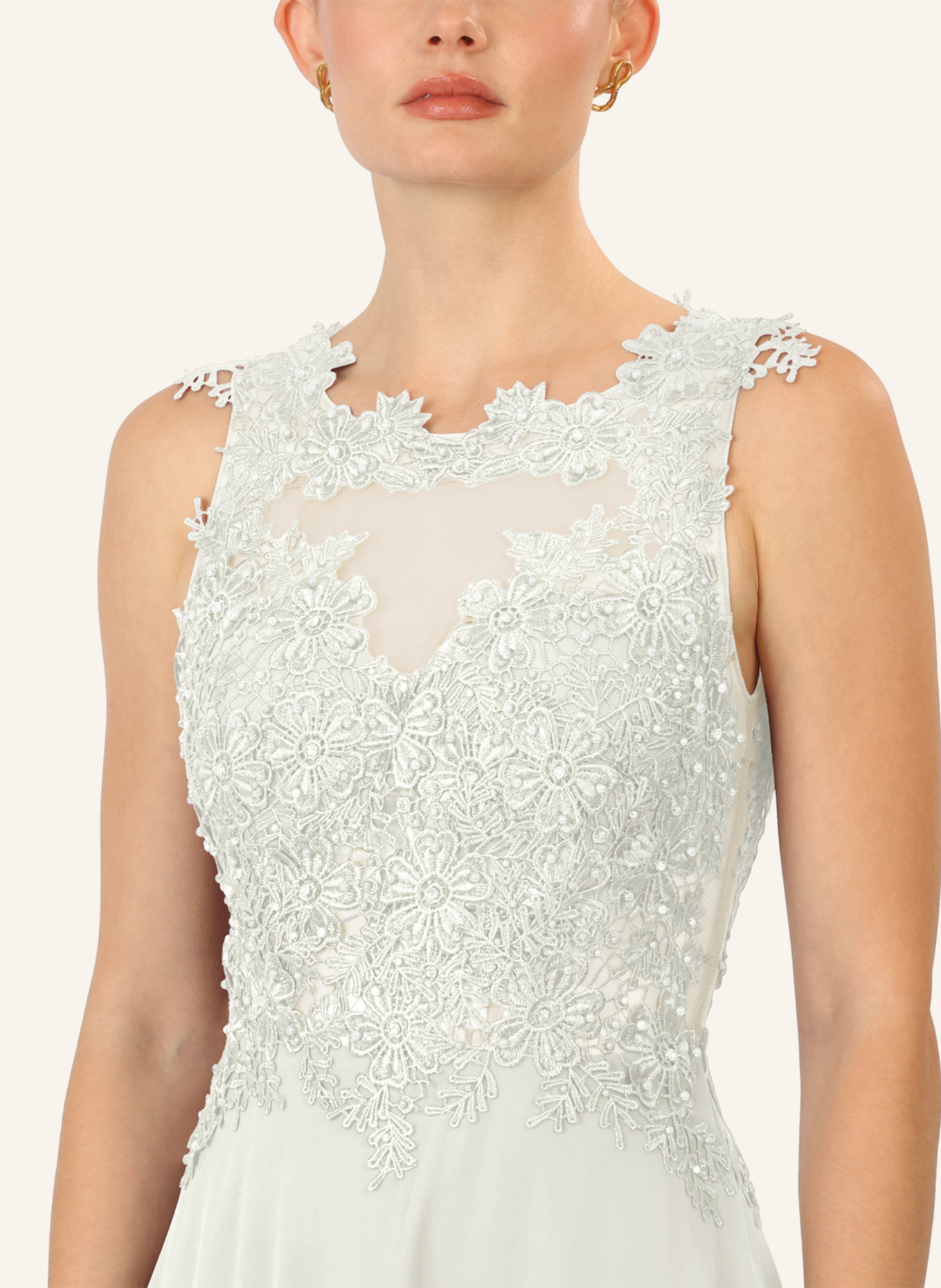 APART Abendkleid mit Lochspitze und Schmucksteinen: CREME