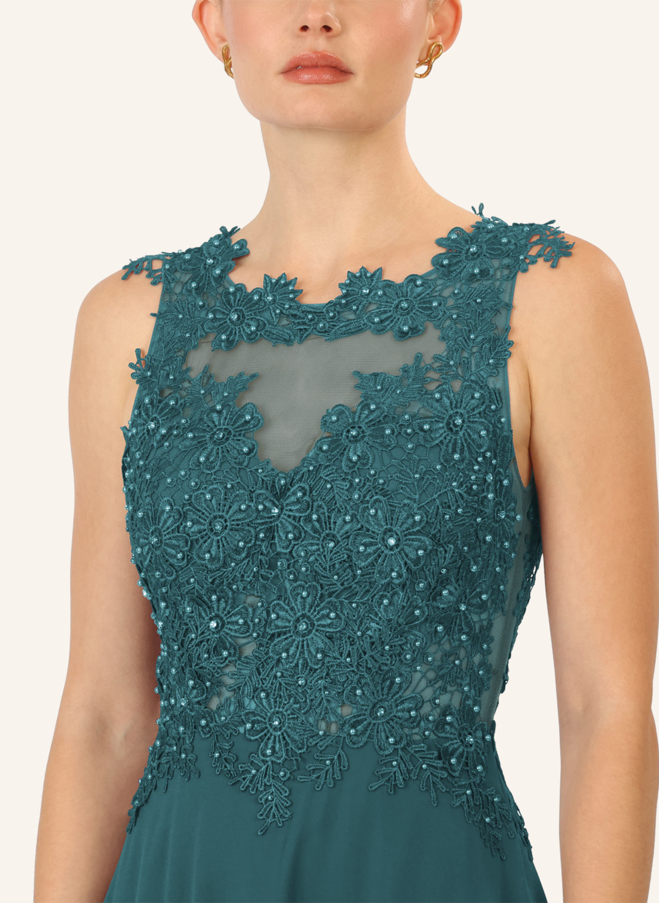 APART Abendkleid mit Lochspitze und Schmucksteinen: DUNKELGRÜN