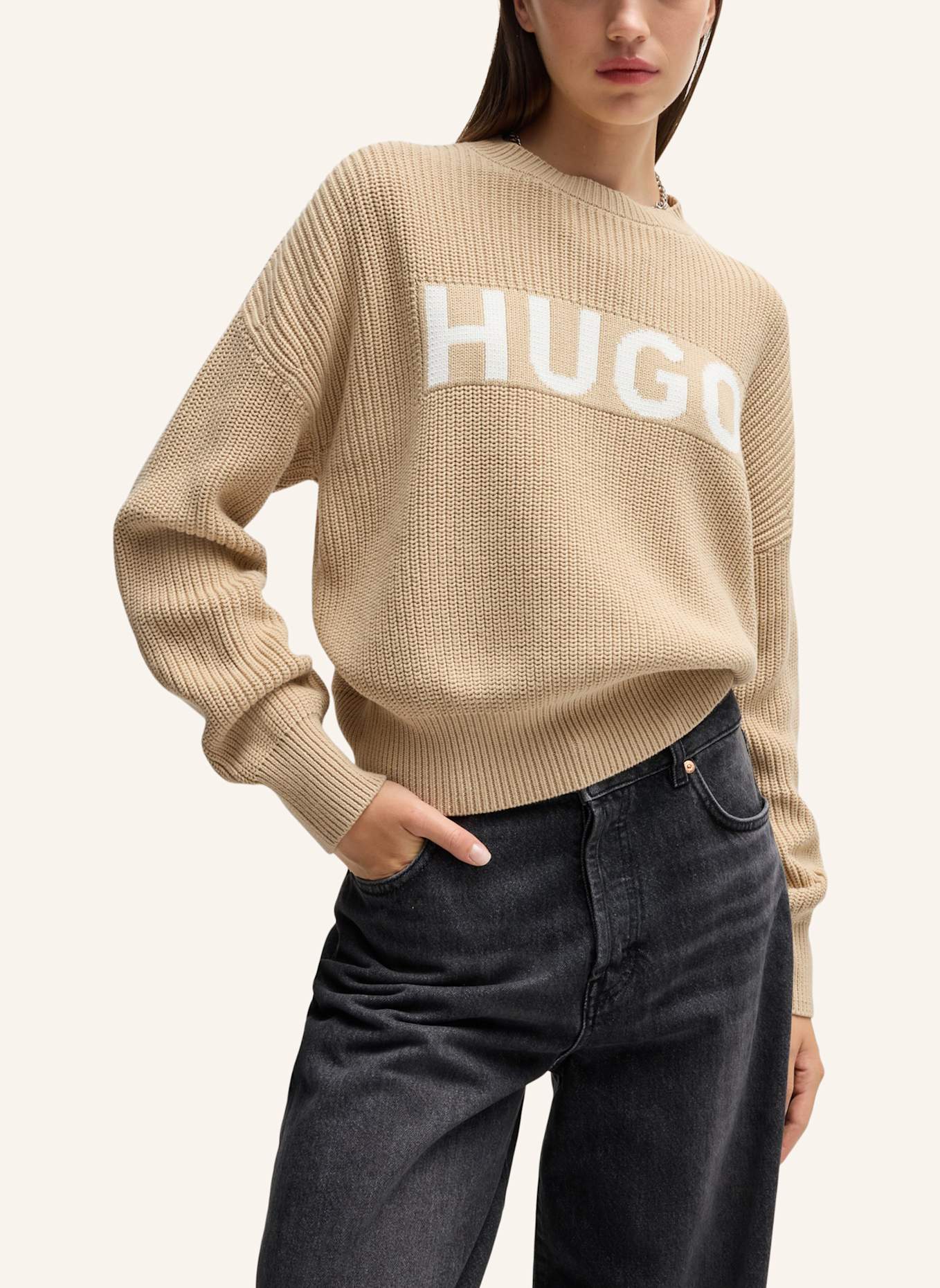 HUGO Pullover SLOGINY Regular Fit, Farbe: BEIGE (Bild 4)