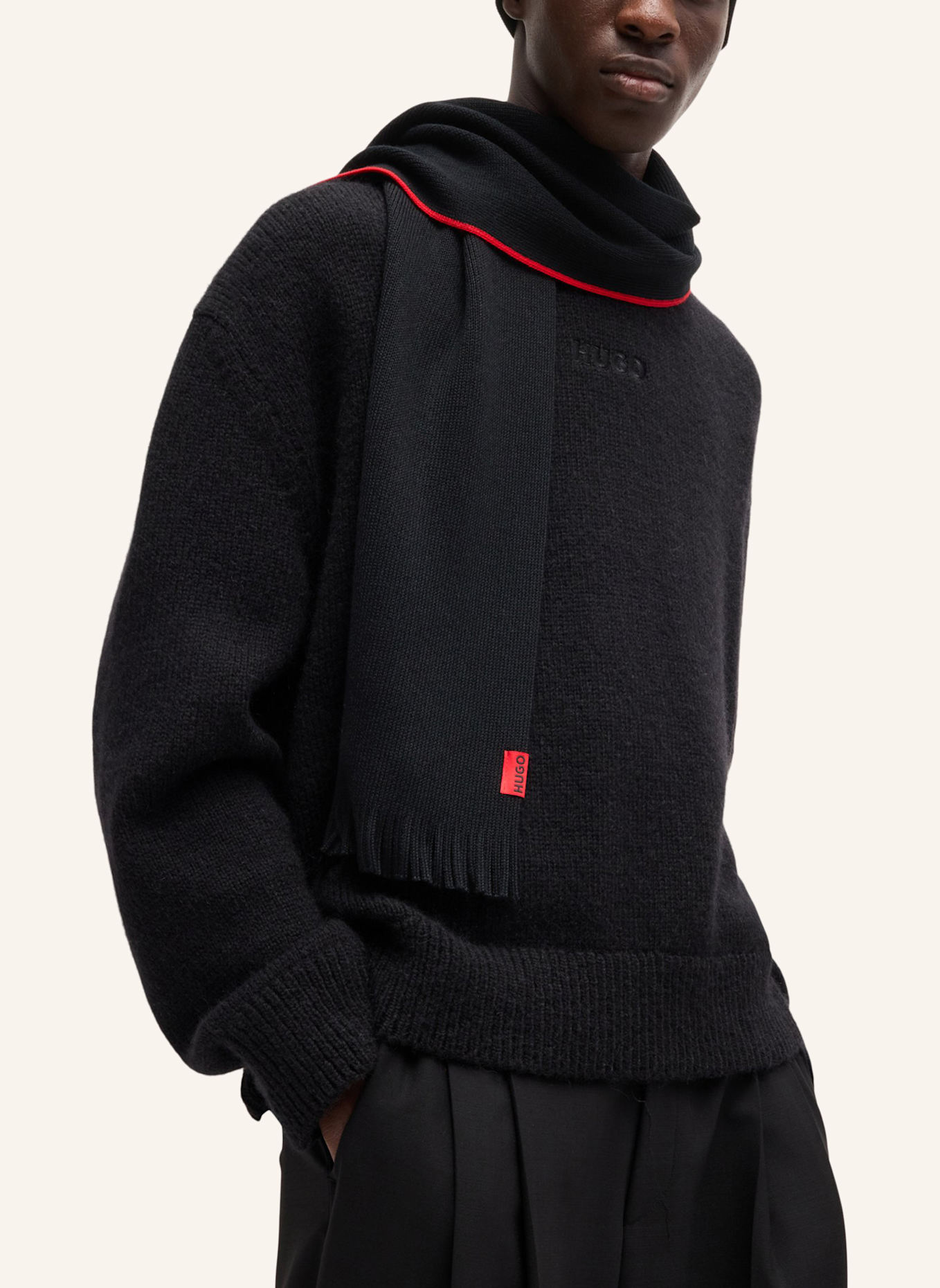 HUGO Strickschal ZASCHEL SET: SCHWARZ