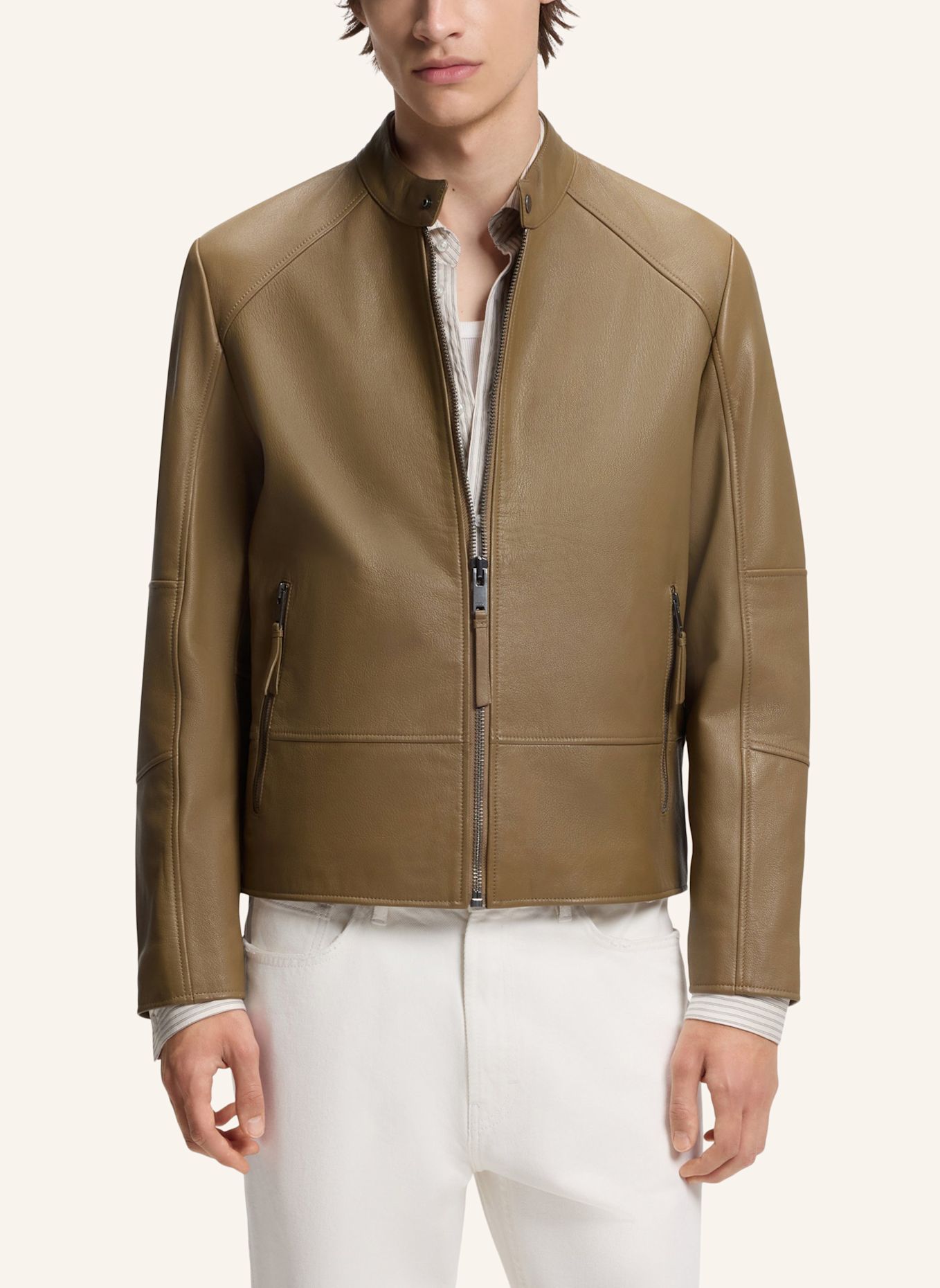 HUGO Lederjacke LIKOS Slim Fit: BEIGE