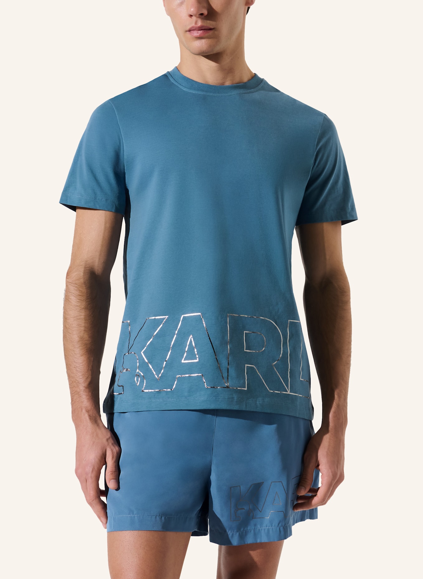KARL LAGERFELD STRAND-T-SHIRT MIT KARL-LOGO IN METALLIC-OPTIK: DUNKELBLAU