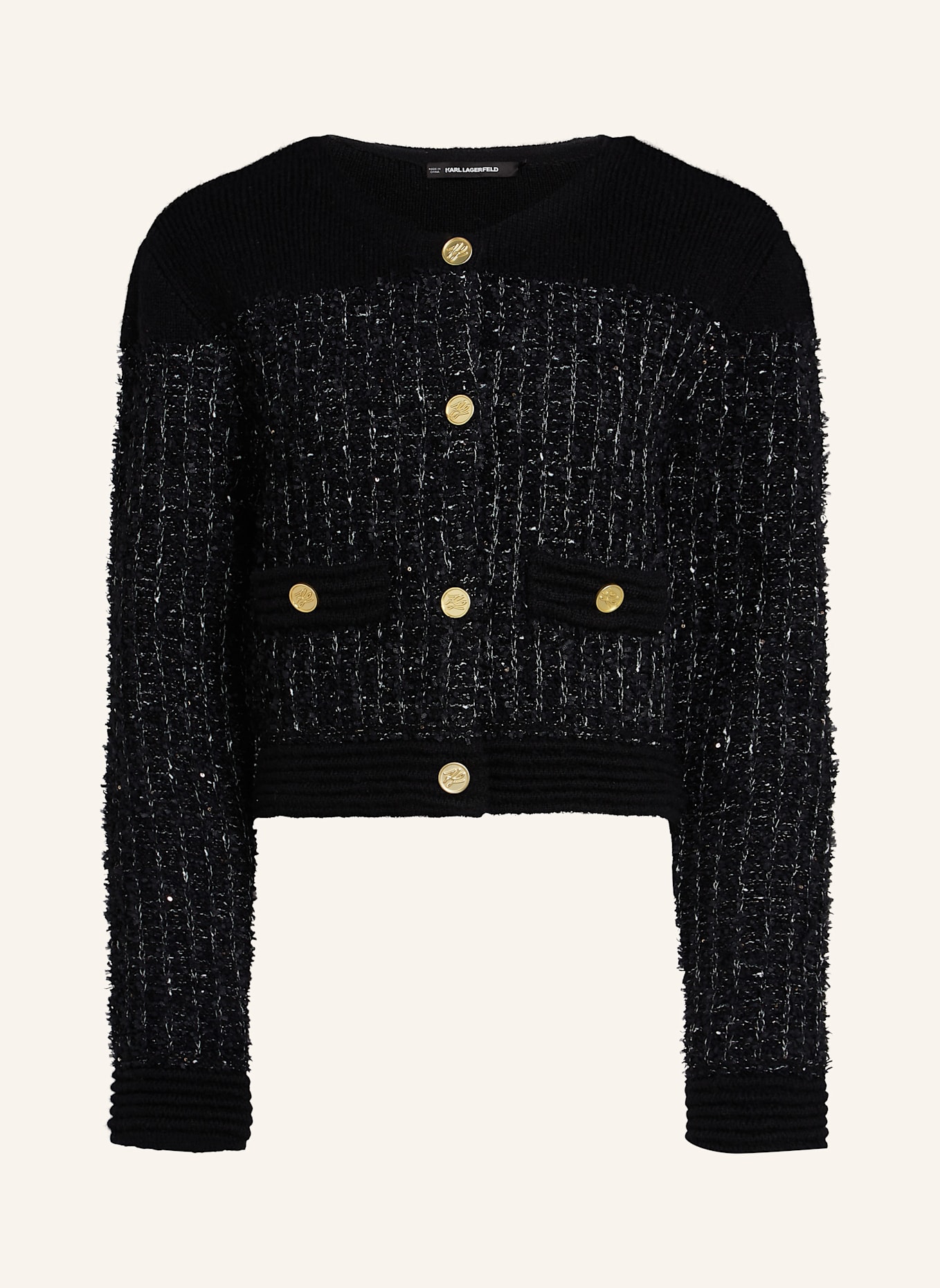 KARL LAGERFELD KARL ESSENTIAL STRICKWESTE AUS BOUCLÉ, Farbe: SCHWARZ (Bild 1)