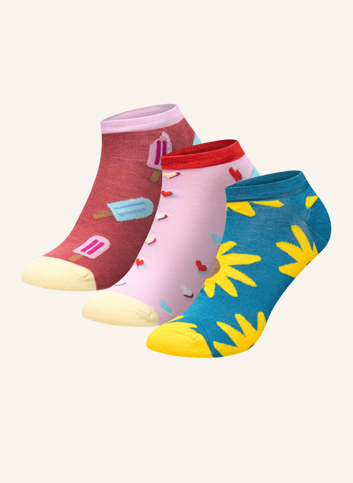 DillySocks 3er-Pack Sneakersocken SHORT SUMMER FEELINGS, Farbe: SCHWARZ/ WEISS/ ROT (Bild 1)