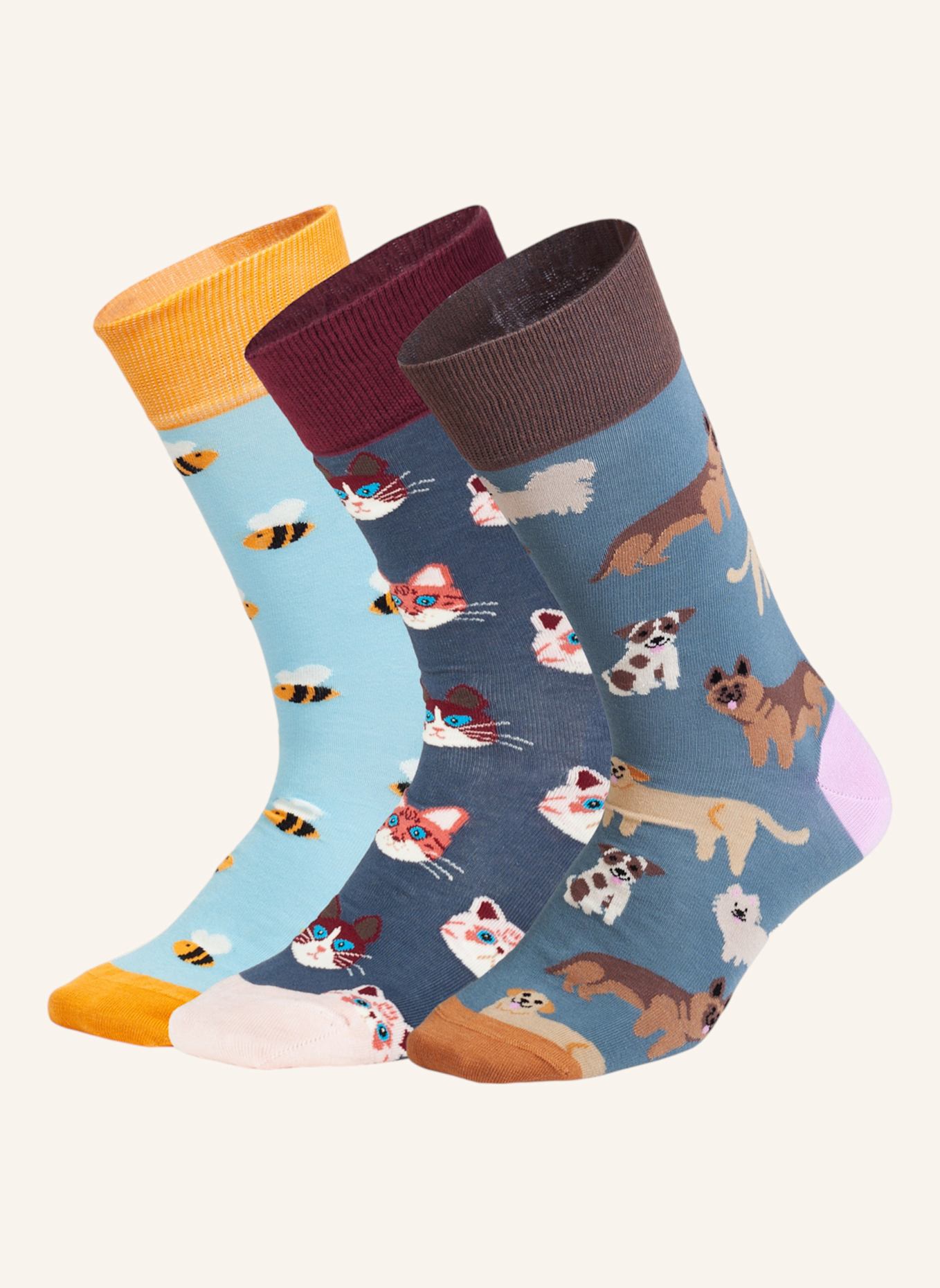 DillySocks Socken CUTE ANIMAL CREW (3ER BOX): HELLBLAU/ BLAU/ DUNKELROT/ GELB