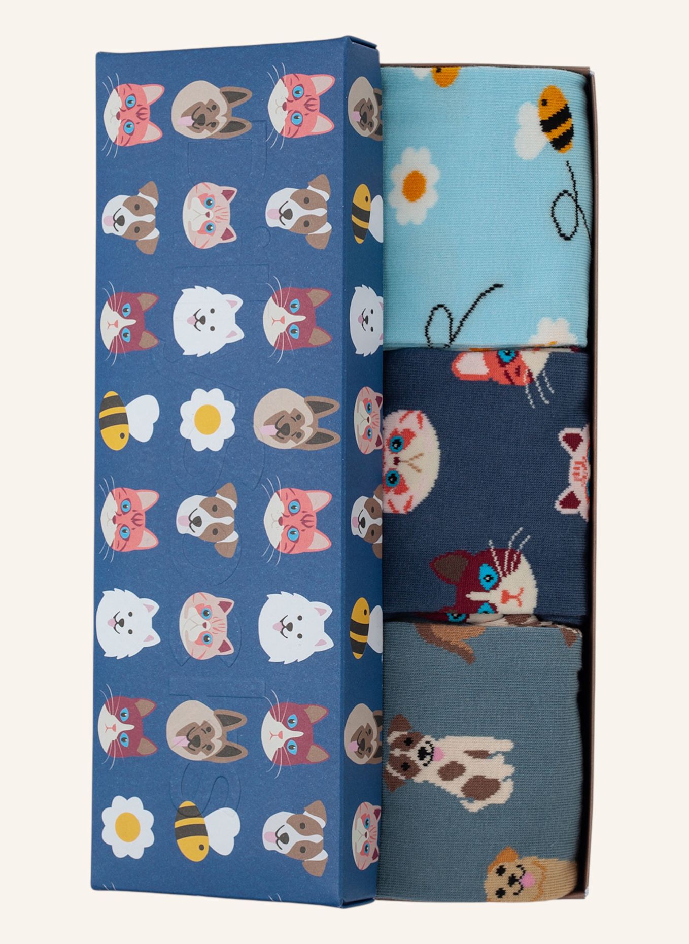 DillySocks Socken CUTE ANIMAL CREW (3ER BOX): HELLBLAU/ BLAU/ DUNKELROT/ GELB