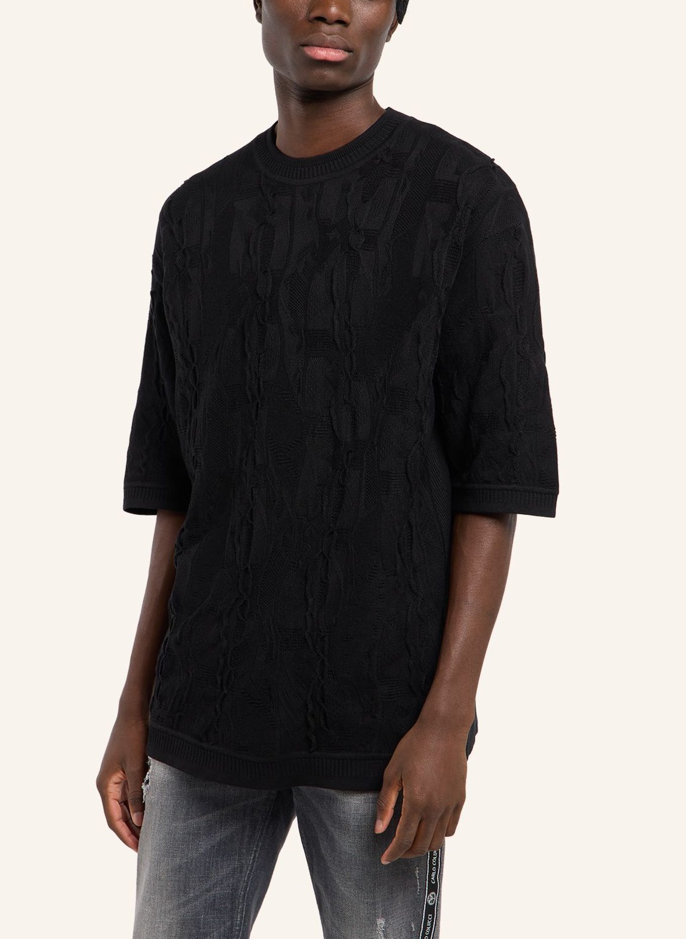 CARLO COLUCCI 3D Strick T-Shirt FAVETTA: SCHWARZ