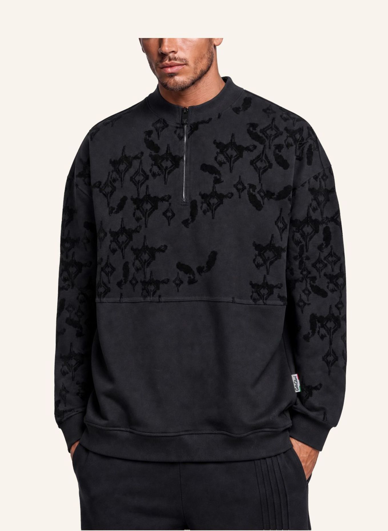 CARLO COLUCCI Oversize Troyer mit Flockprint - Soft Impact FISTILL: SCHWARZ