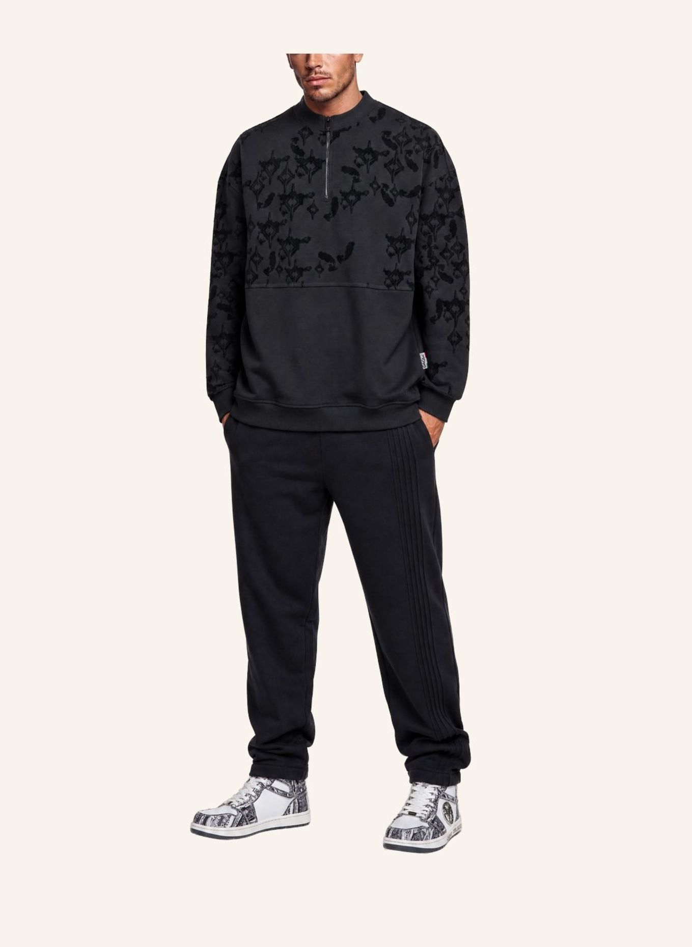 CARLO COLUCCI Oversize Troyer mit Flockprint - Soft Impact FISTILL: SCHWARZ