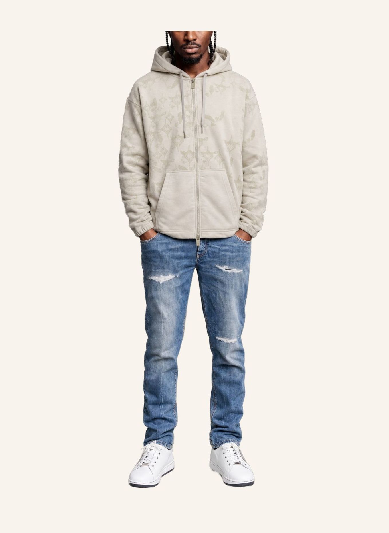 CARLO COLUCCI Kapuzensweatjacke mit Flockprint - Soft Impact FLENGER: BEIGE