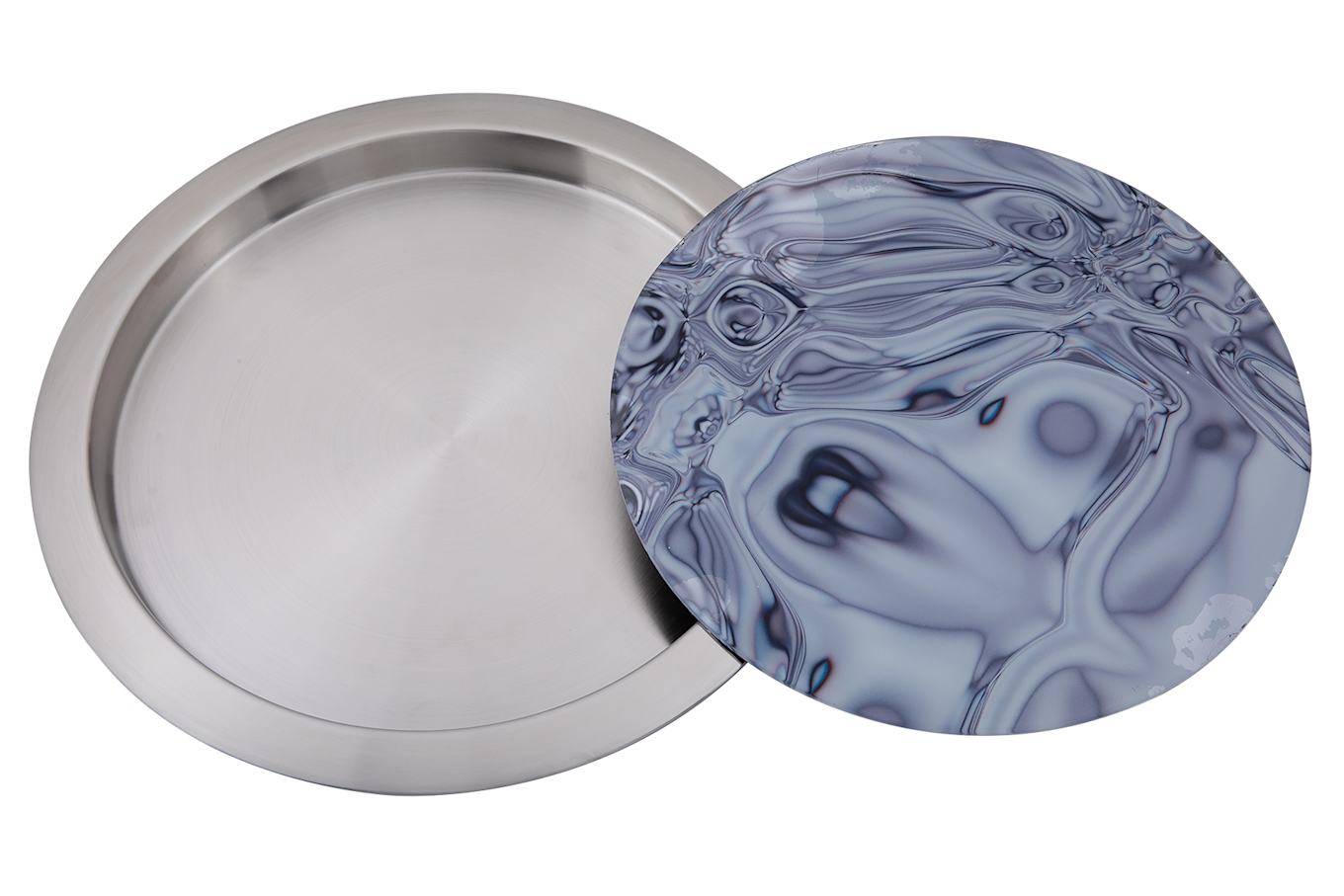 Fink Tablett mit bedruckter Glaseinlage TOLERANCE: BLAU/ SILBER