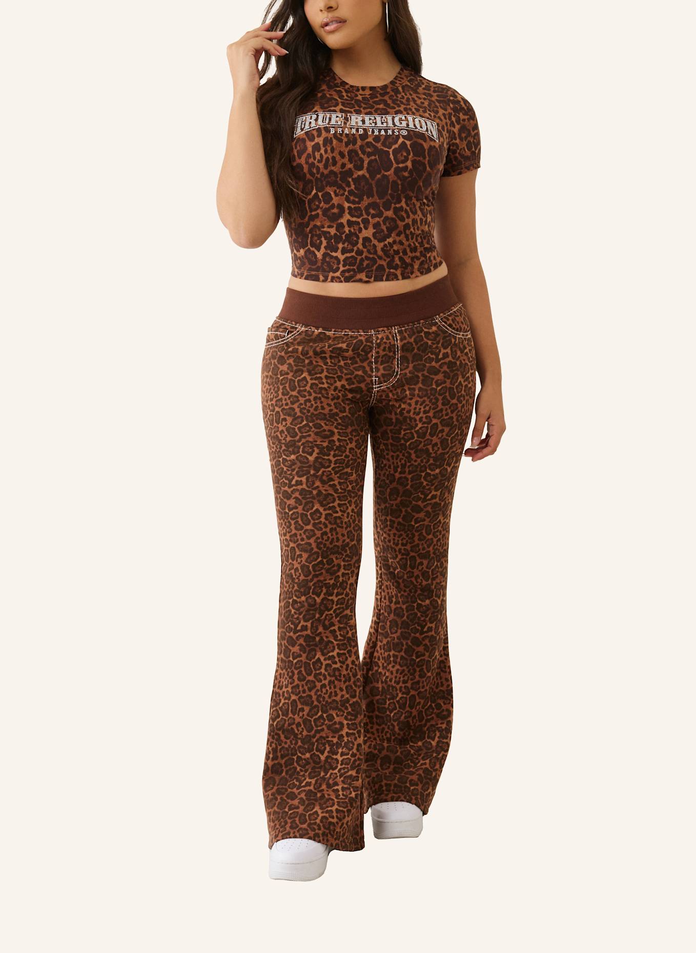 TRUE RELIGION T-Shirt LEOPARD CRYSTALS: BRAUN/ SCHWARZ