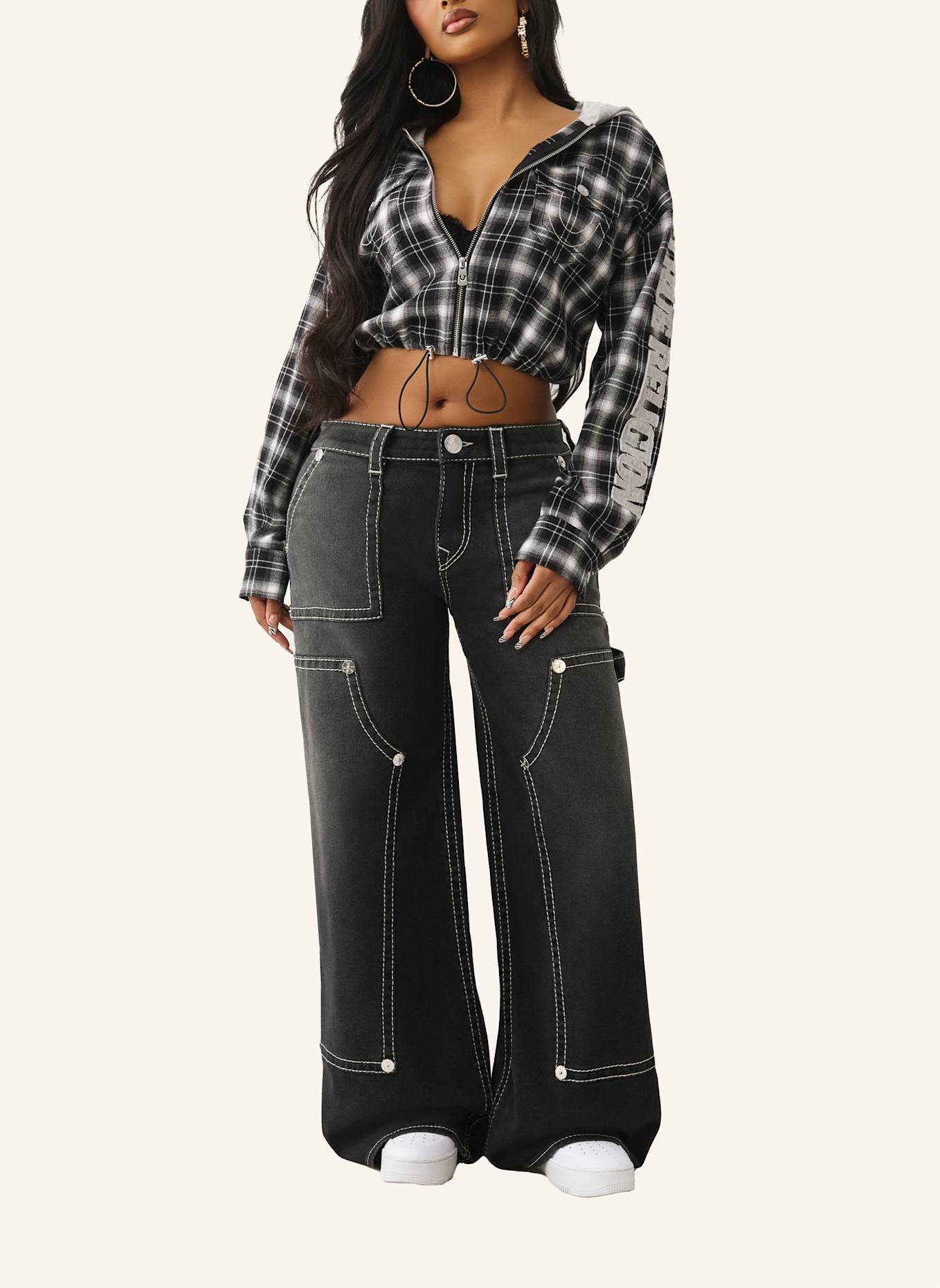 TRUE RELIGION Zip-Hoodie: SCHWARZ/ WEISS