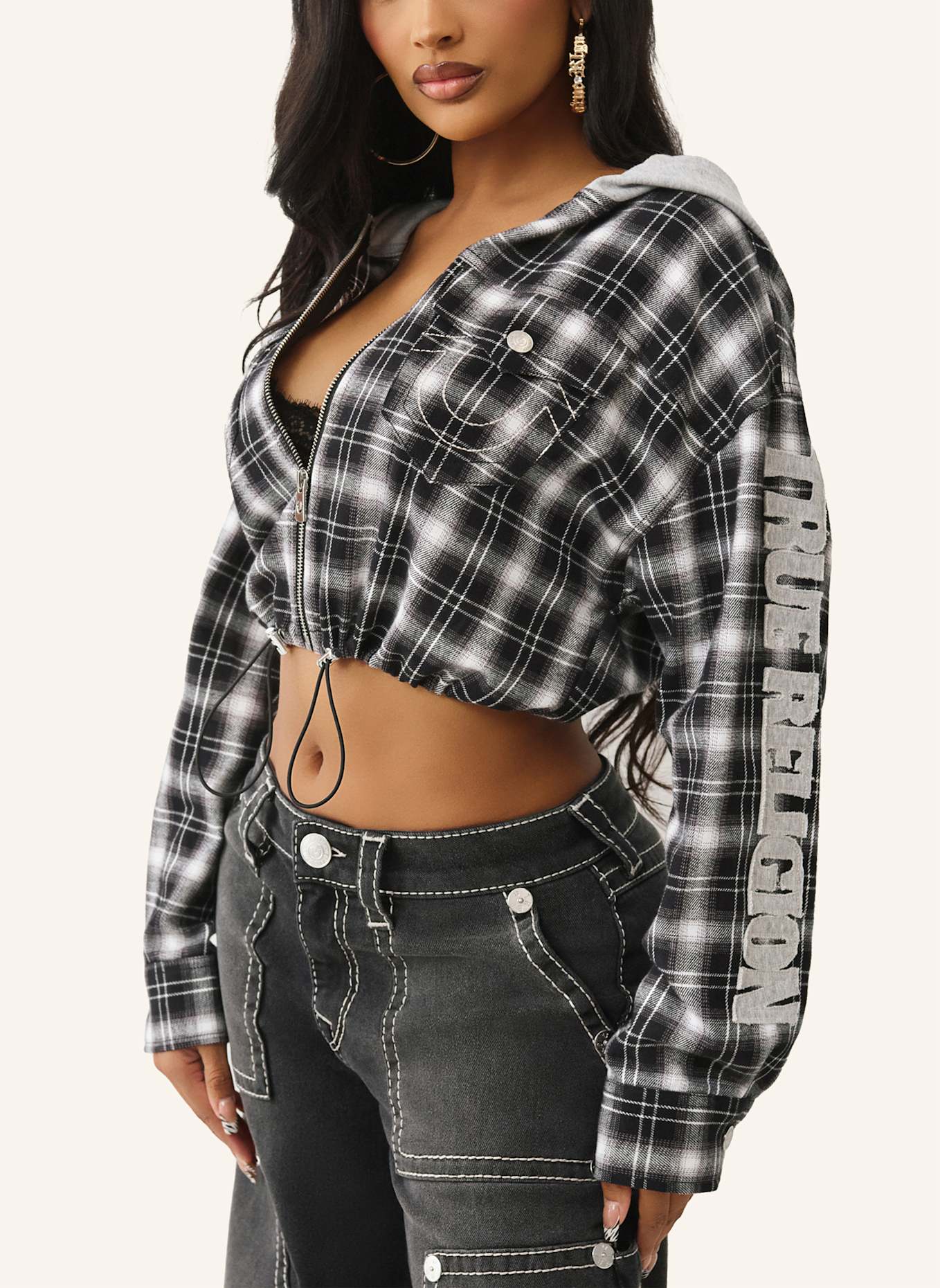 TRUE RELIGION Zip-Hoodie: SCHWARZ/ WEISS