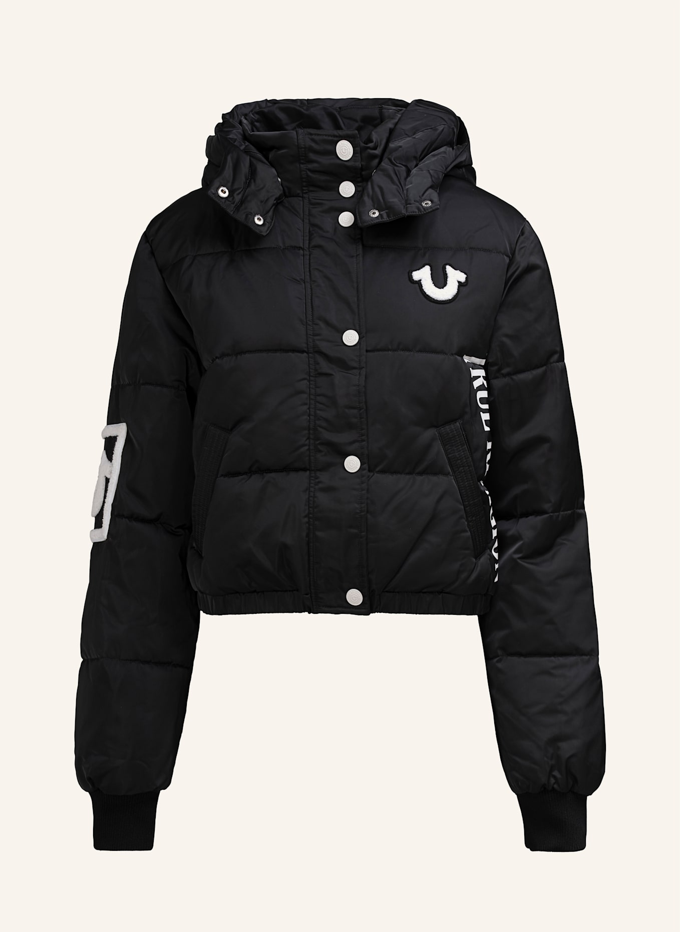 TRUE RELIGION Cropped-Puffer-Jacke: SCHWARZ